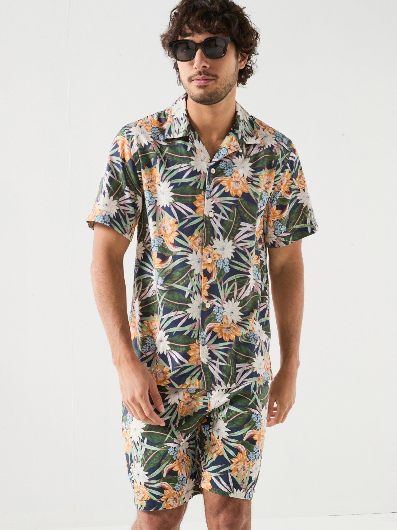 Image 1 of 6 of Tommy Hilfiger Floral Print Short Sleeve Shirt - Navy/Multi