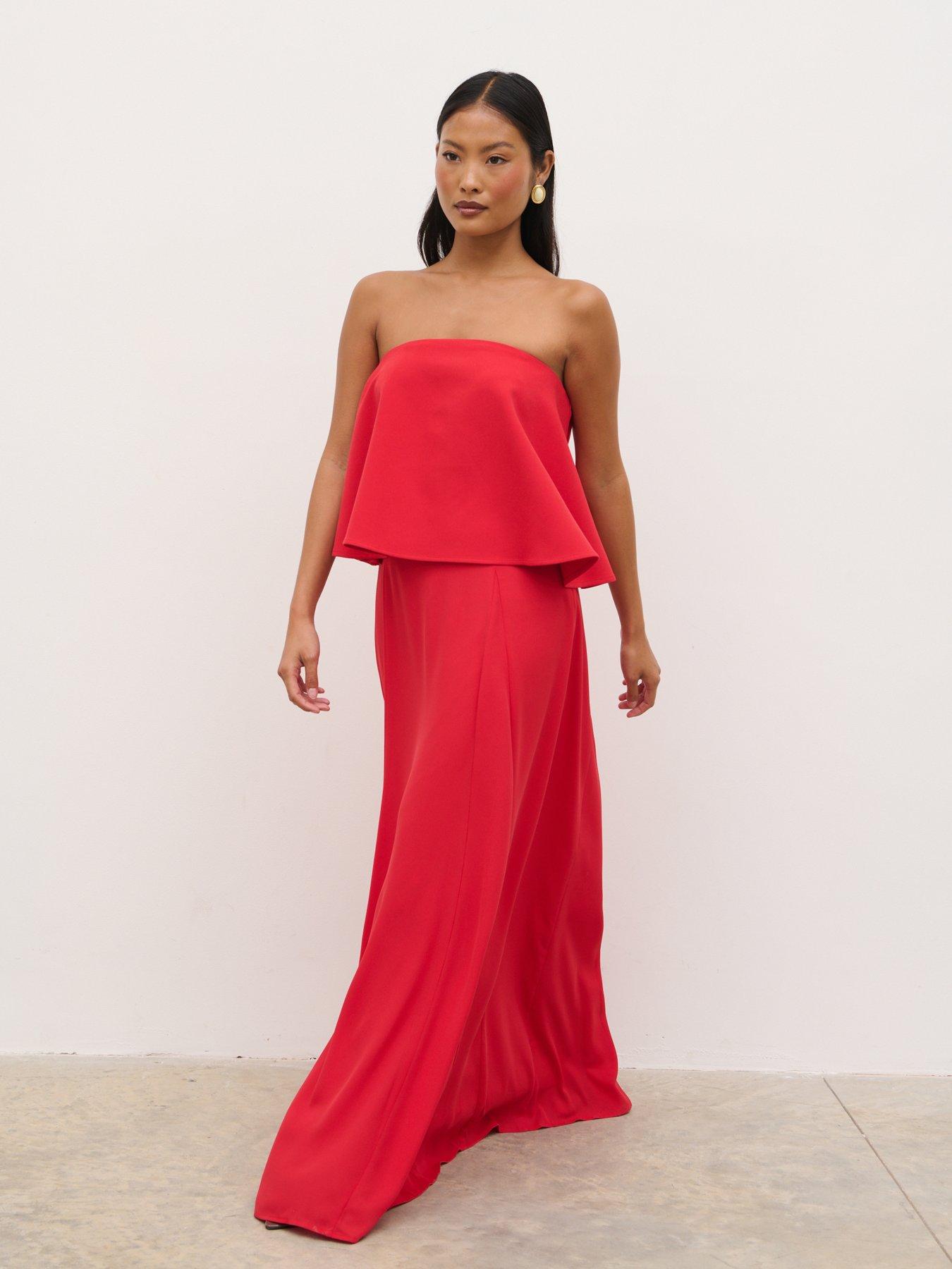 Pretty Lavish Liv Peplum Bandeau Maxi Dress- Red