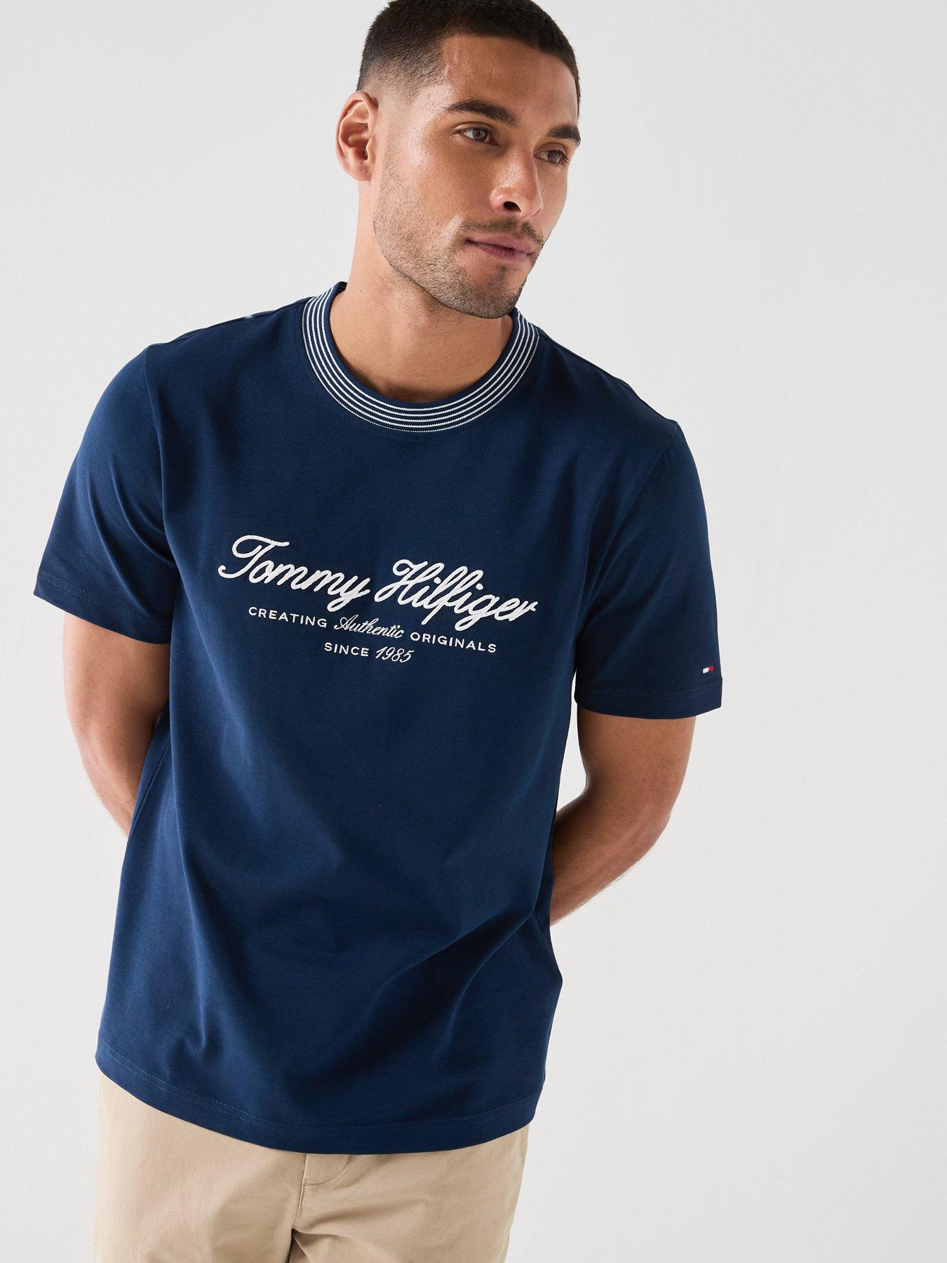 Tommy Hilfiger Nautical Script Logo Tipped Collar T-Shirt - Navy
