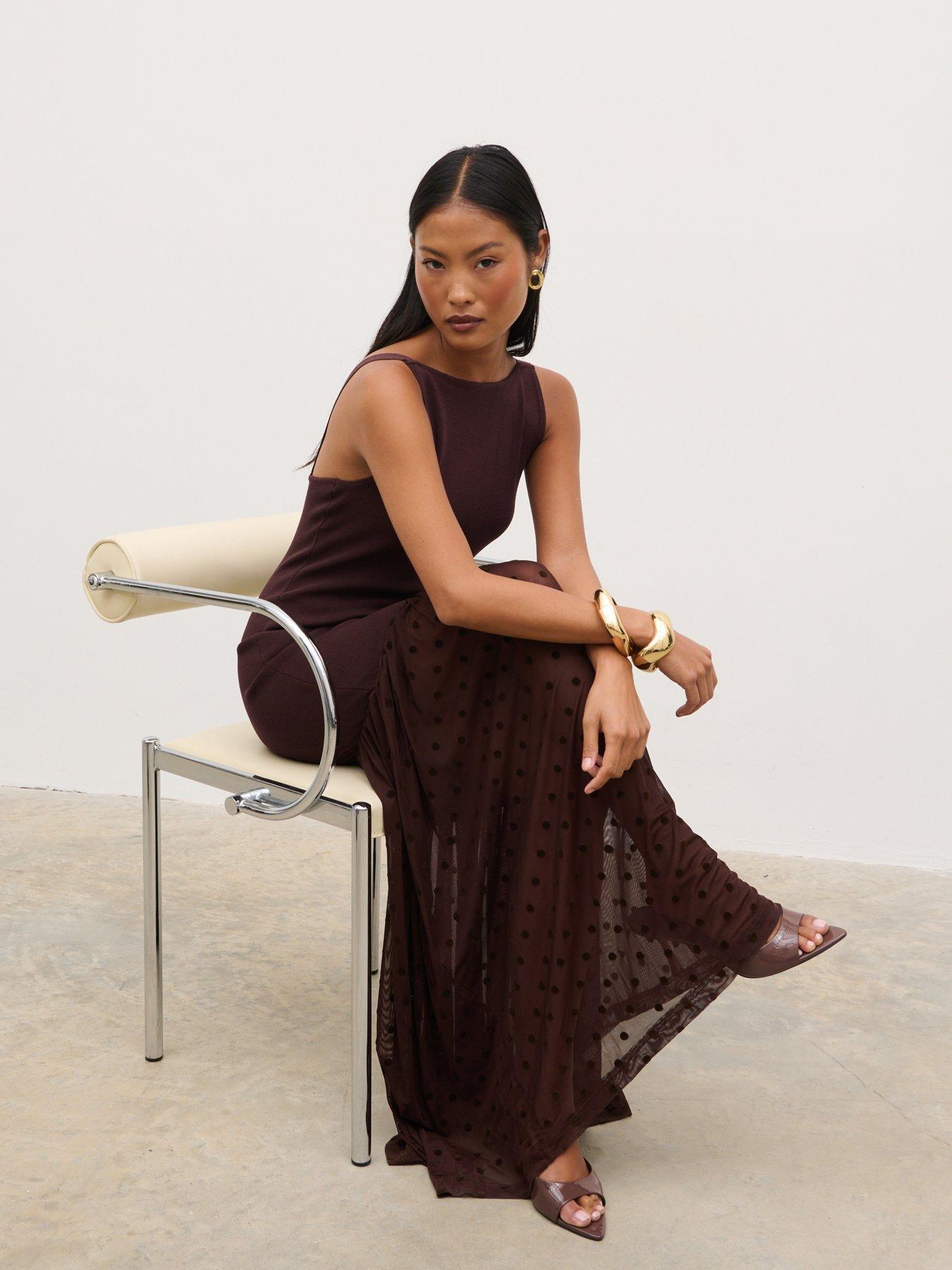 Pretty Lavish Rebecca Polka Knit Maxi Dress - Brown