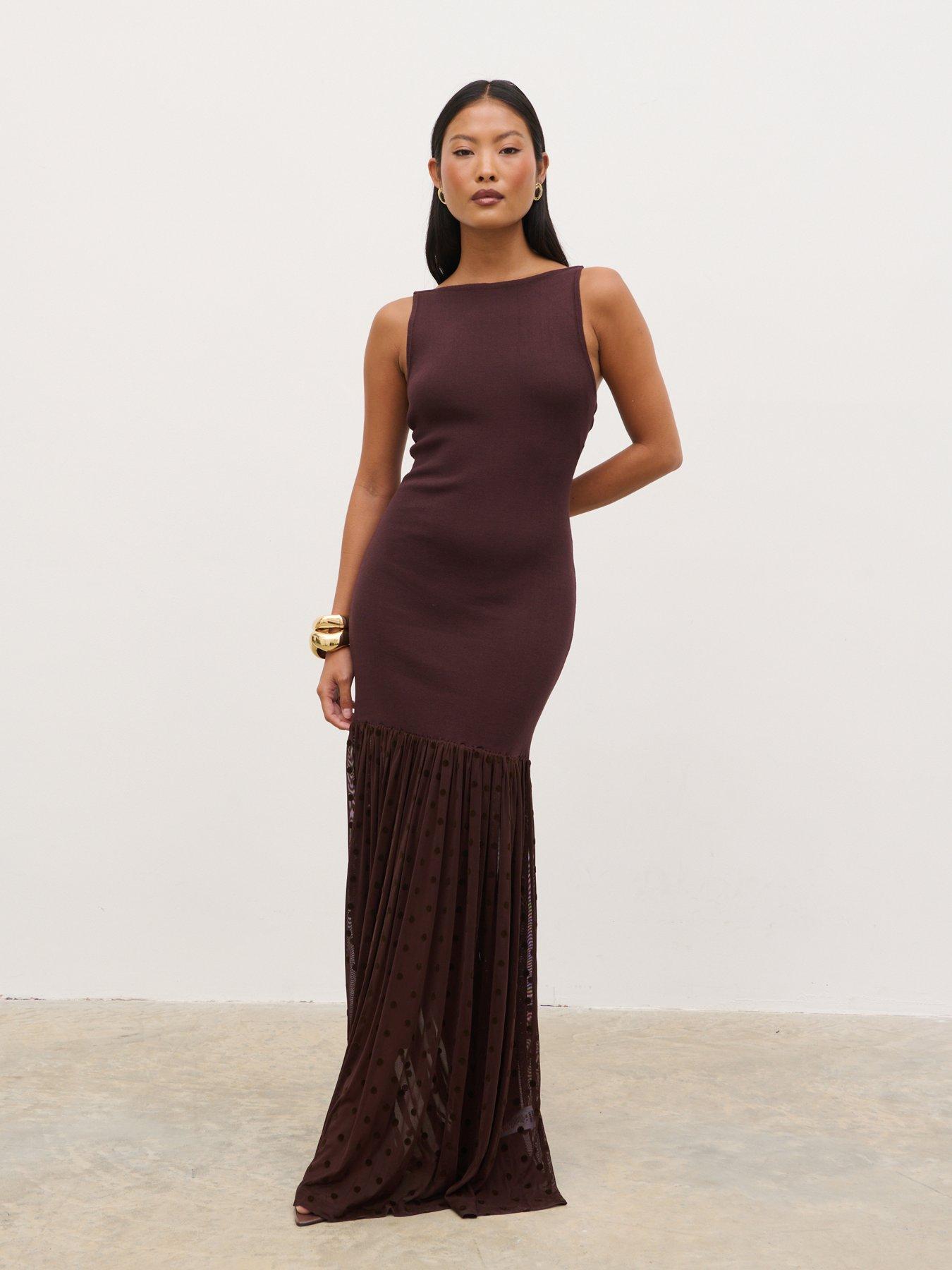 Image 3 of 4 of Pretty Lavish Rebecca Polka Knit Maxi Dress - Brown