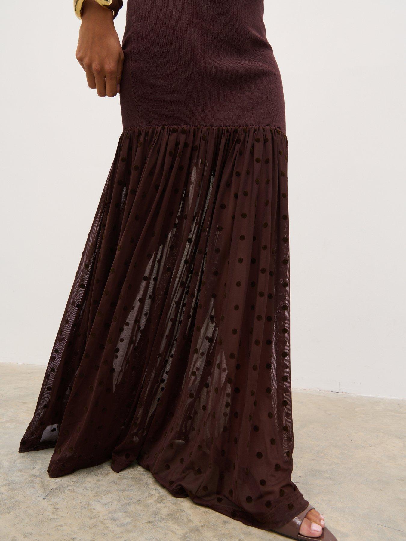Image 4 of 4 of Pretty Lavish Rebecca Polka Knit Maxi Dress - Brown