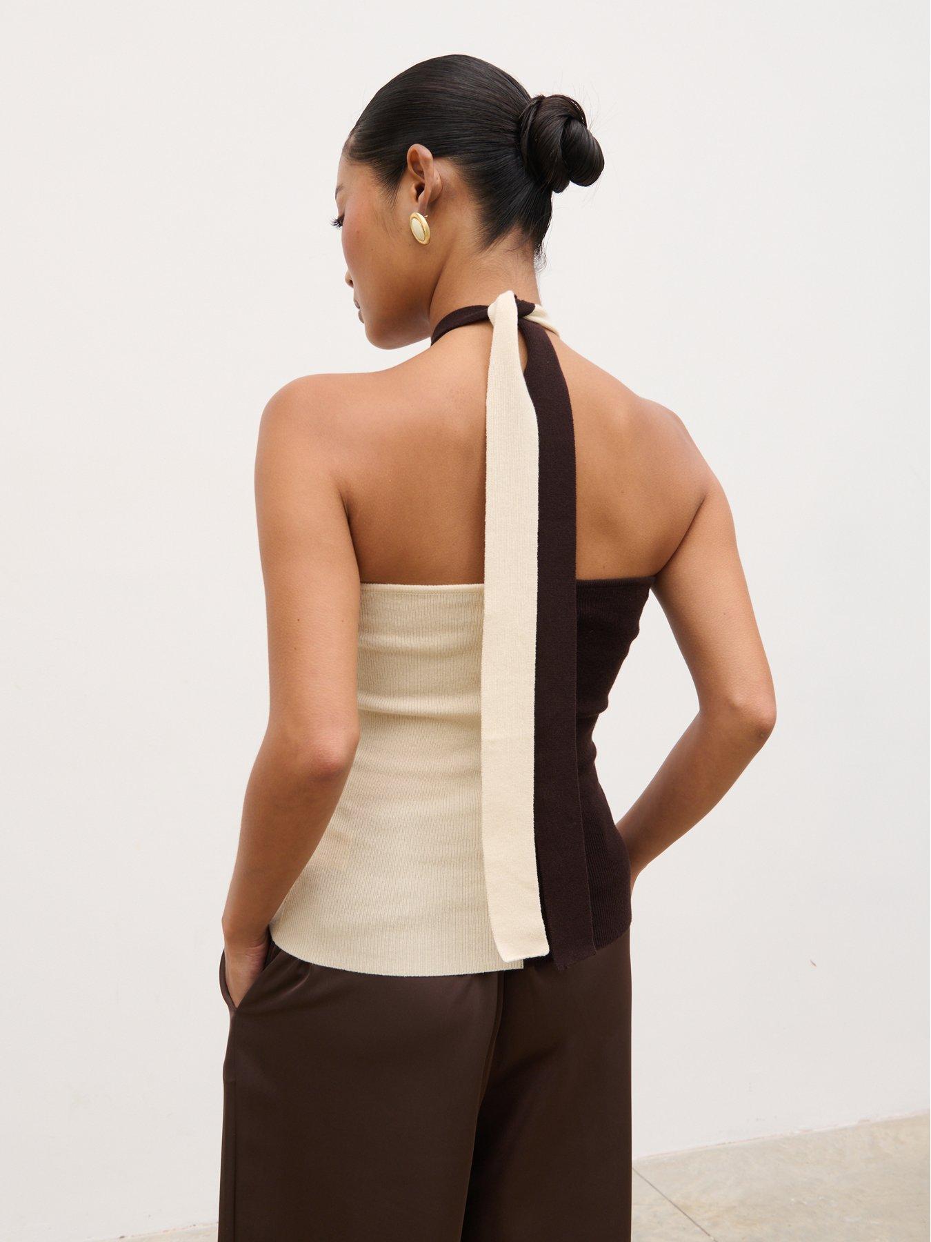 Image 2 of 4 of Pretty Lavish Estelle Halter Neck Knit Top - Brown