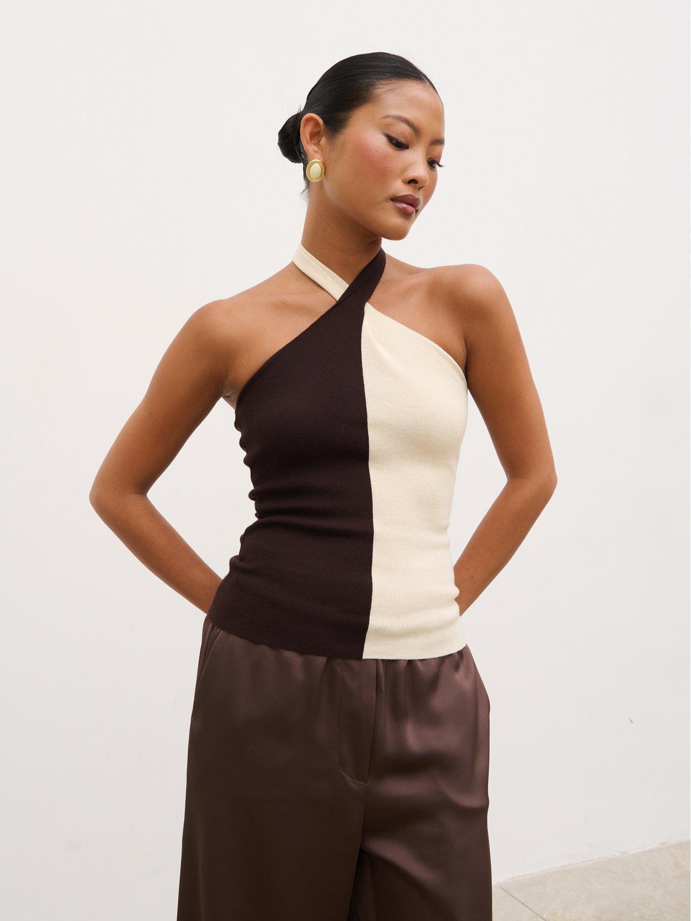 Image 3 of 4 of Pretty Lavish Estelle Halter Neck Knit Top - Brown