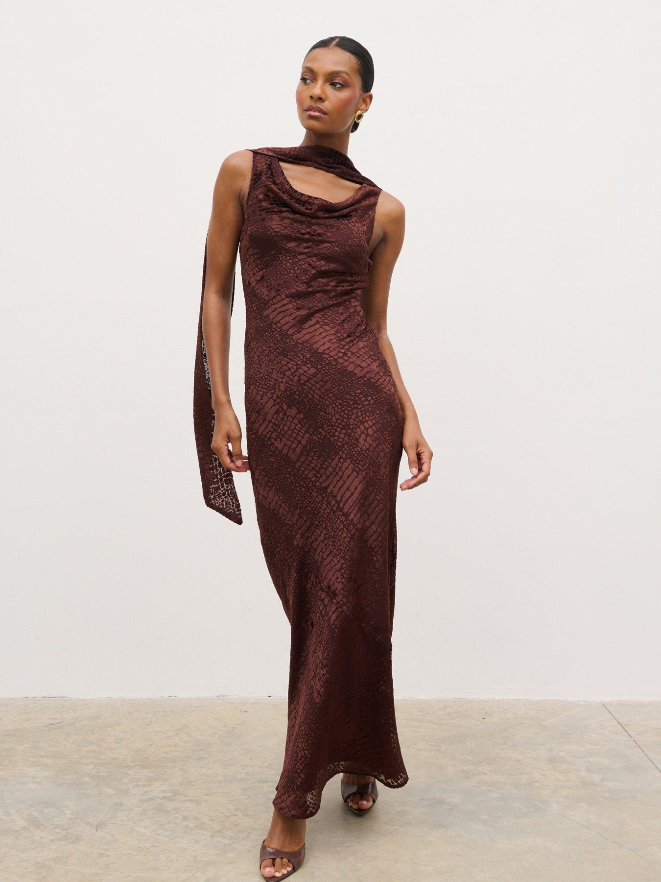 Pretty Lavish Ainsley Cowl Devore Neck Maxi Slip - Brown