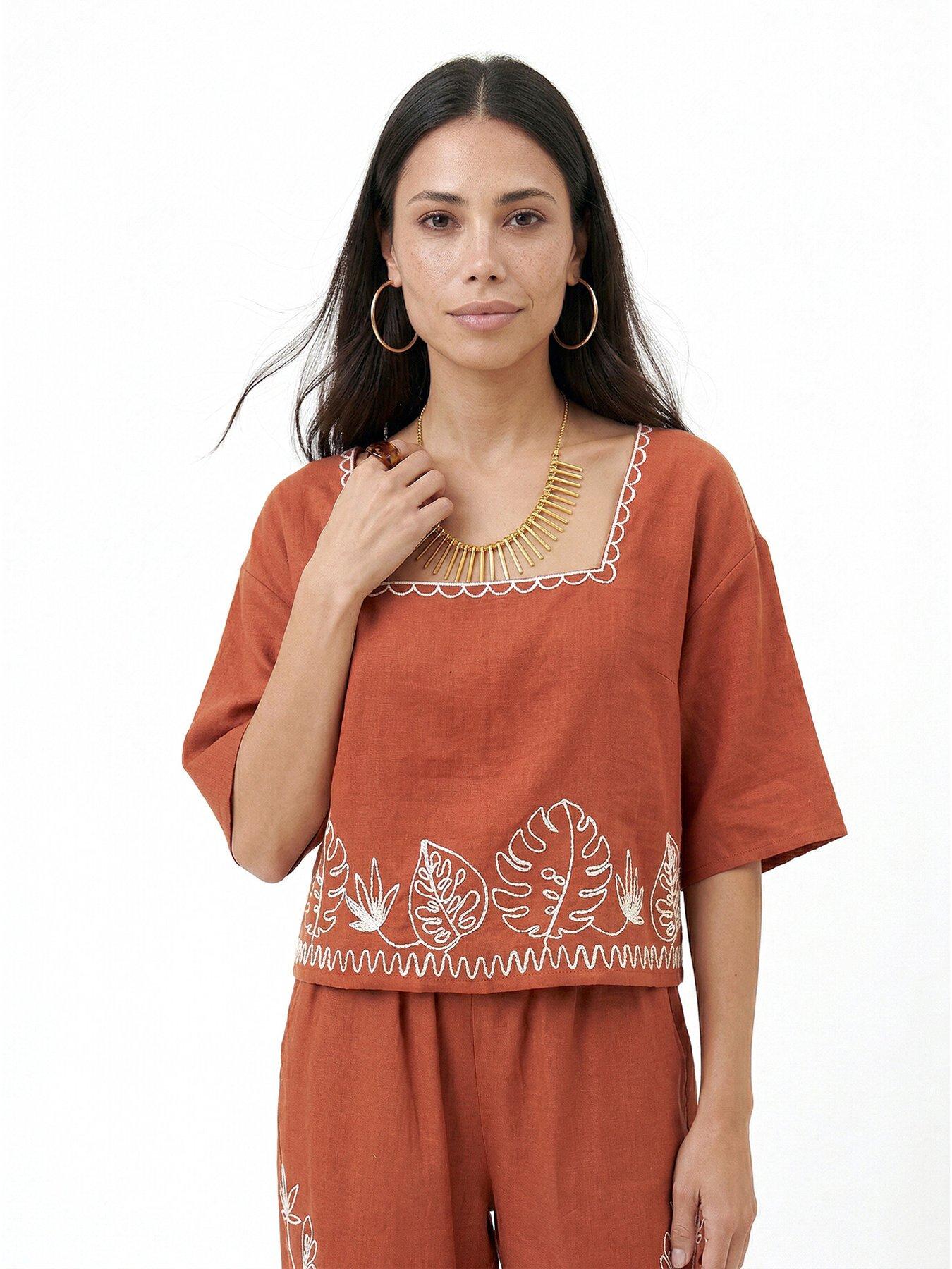 Raffya Tilly V-neck Embroidered Crop Top In Rust
