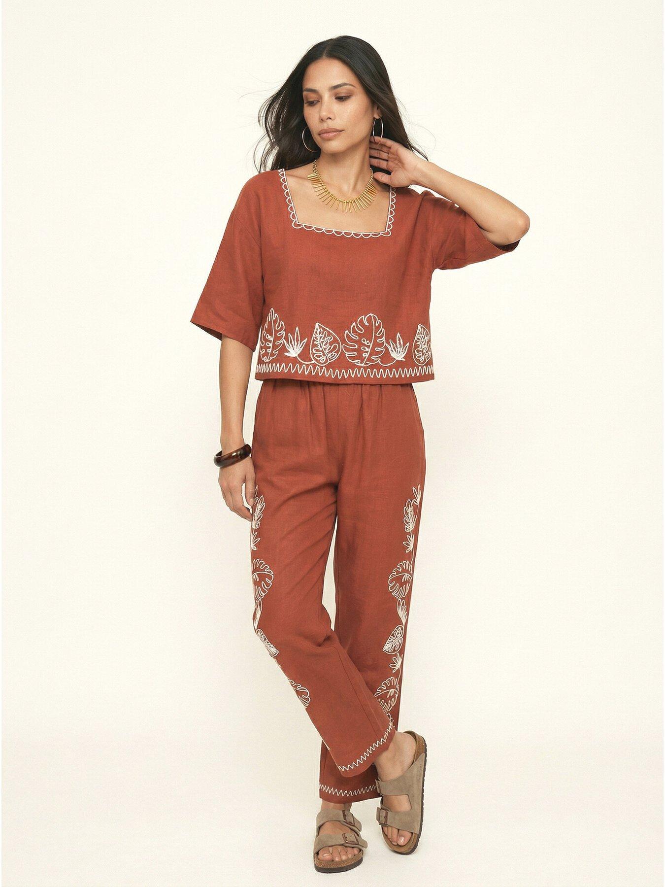 Image 3 of 7 of Raffya Tilly V-neck Embroidered Crop Top In Rust