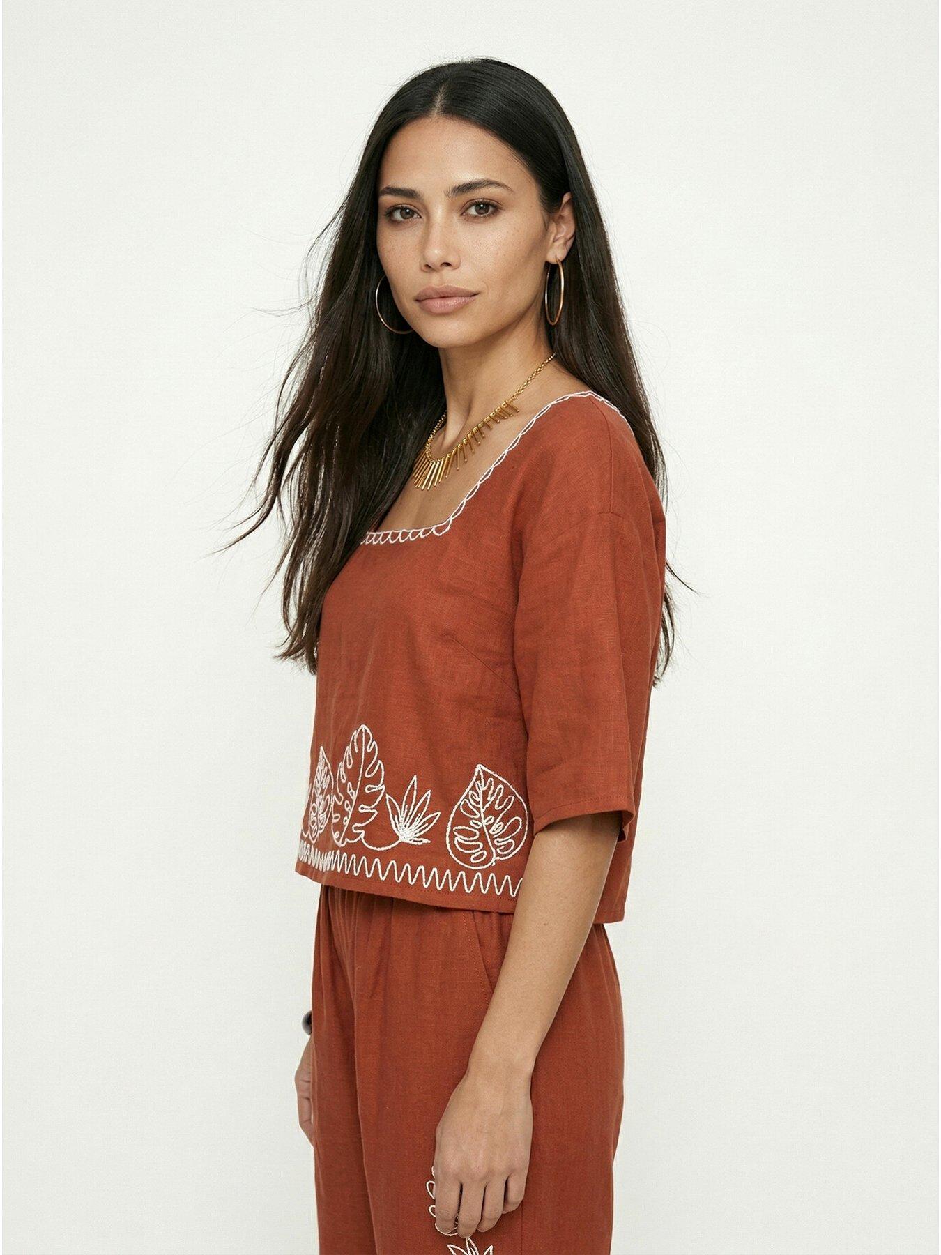 Image 4 of 7 of Raffya Tilly V-neck Embroidered Crop Top In Rust