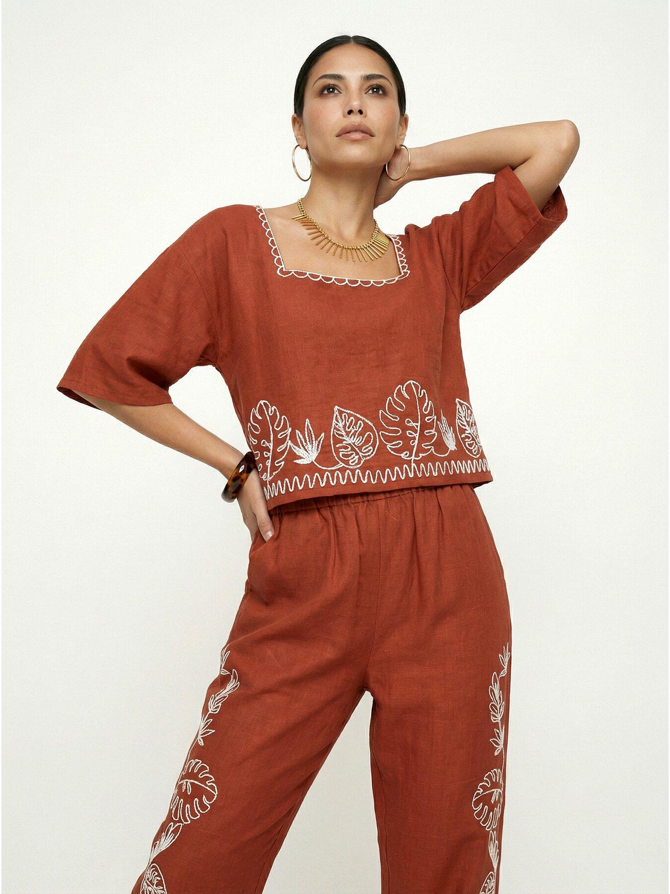 Image 5 of 7 of Raffya Tilly V-neck Embroidered Crop Top In Rust