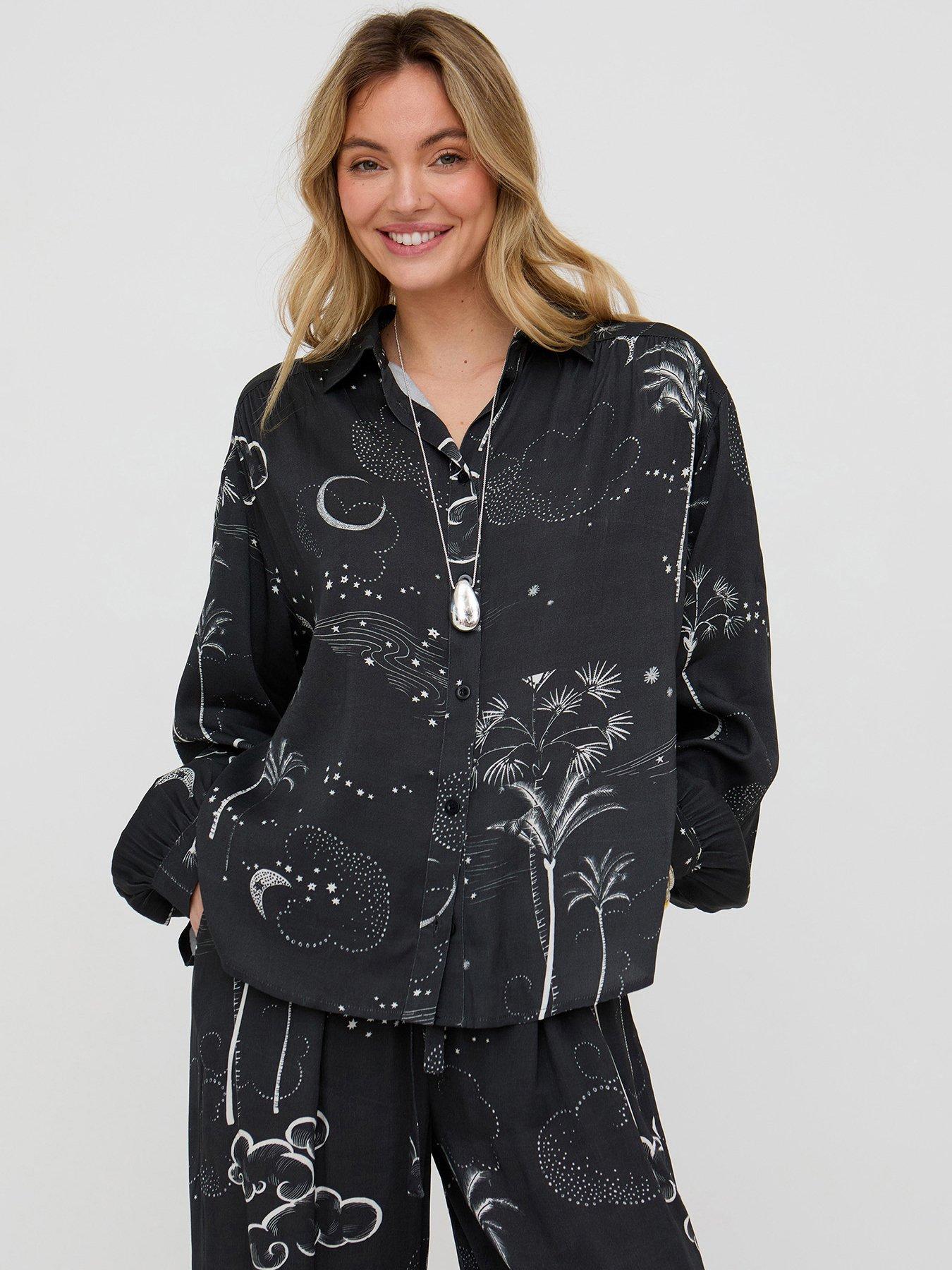 front image of raffya-button-down-palm-print-shirt--black