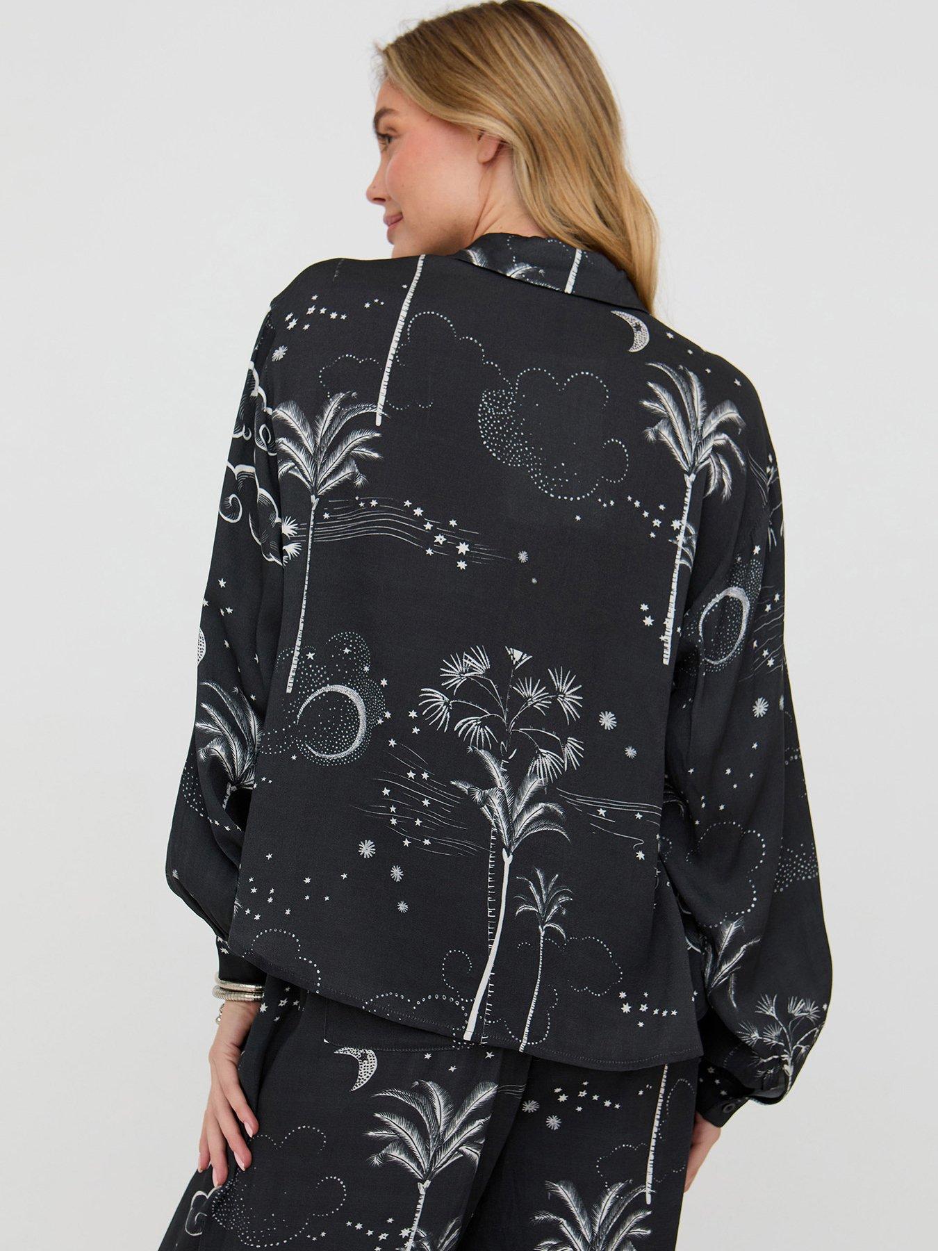  image of raffya-button-down-palm-print-shirt--black