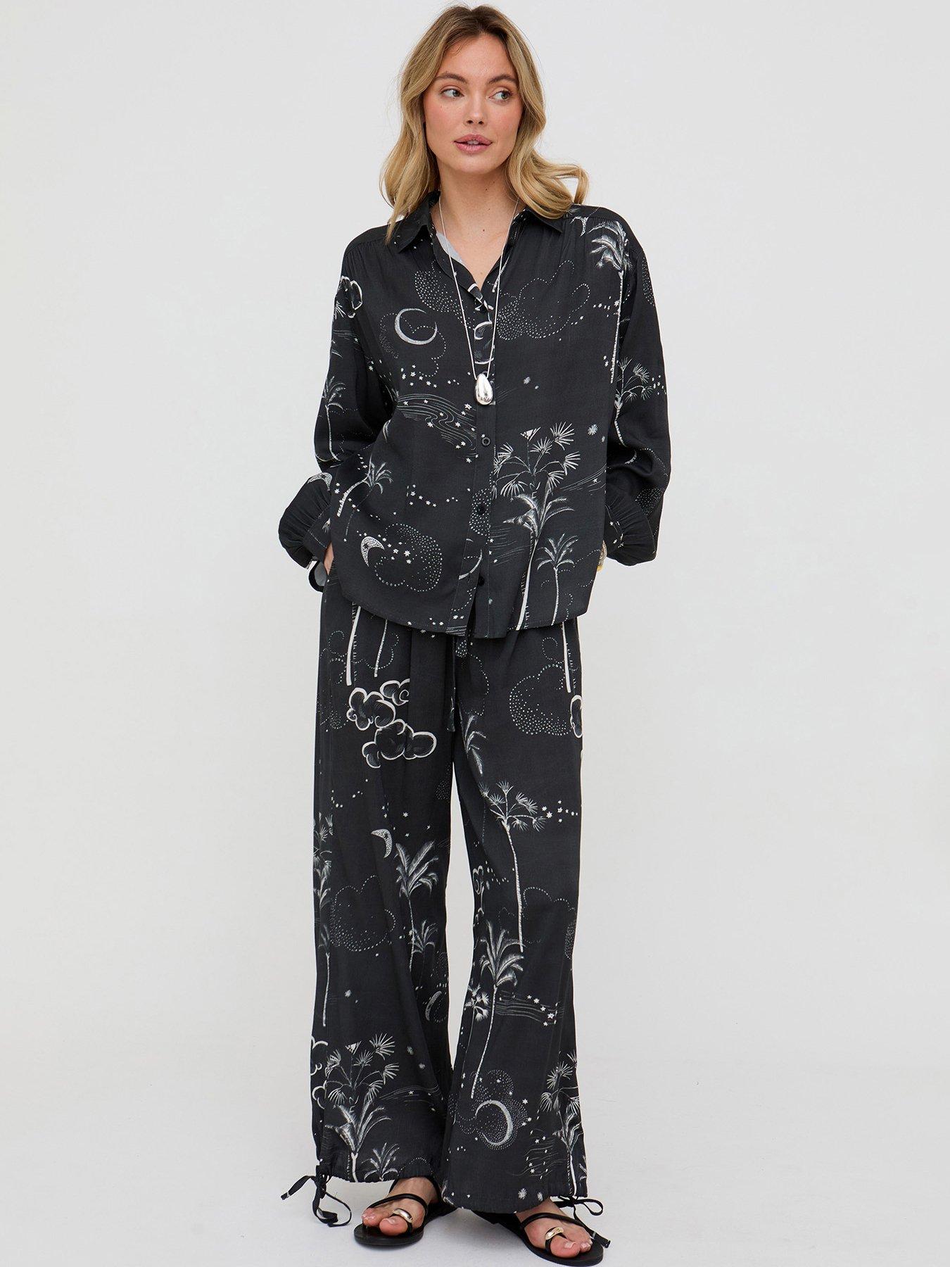  image of raffya-button-down-palm-print-shirt--black