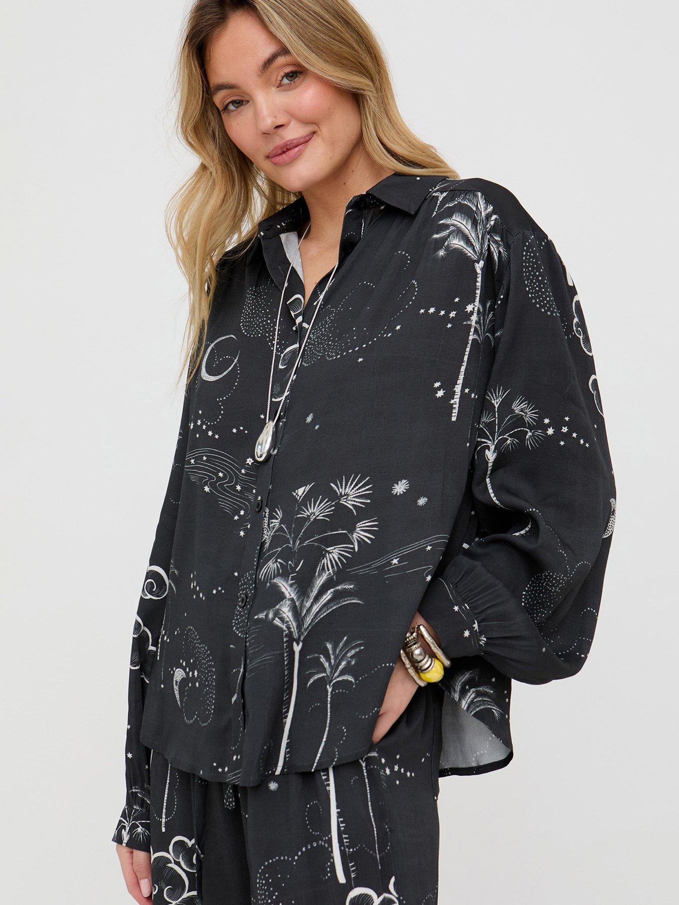  image of raffya-button-down-palm-print-shirt--black