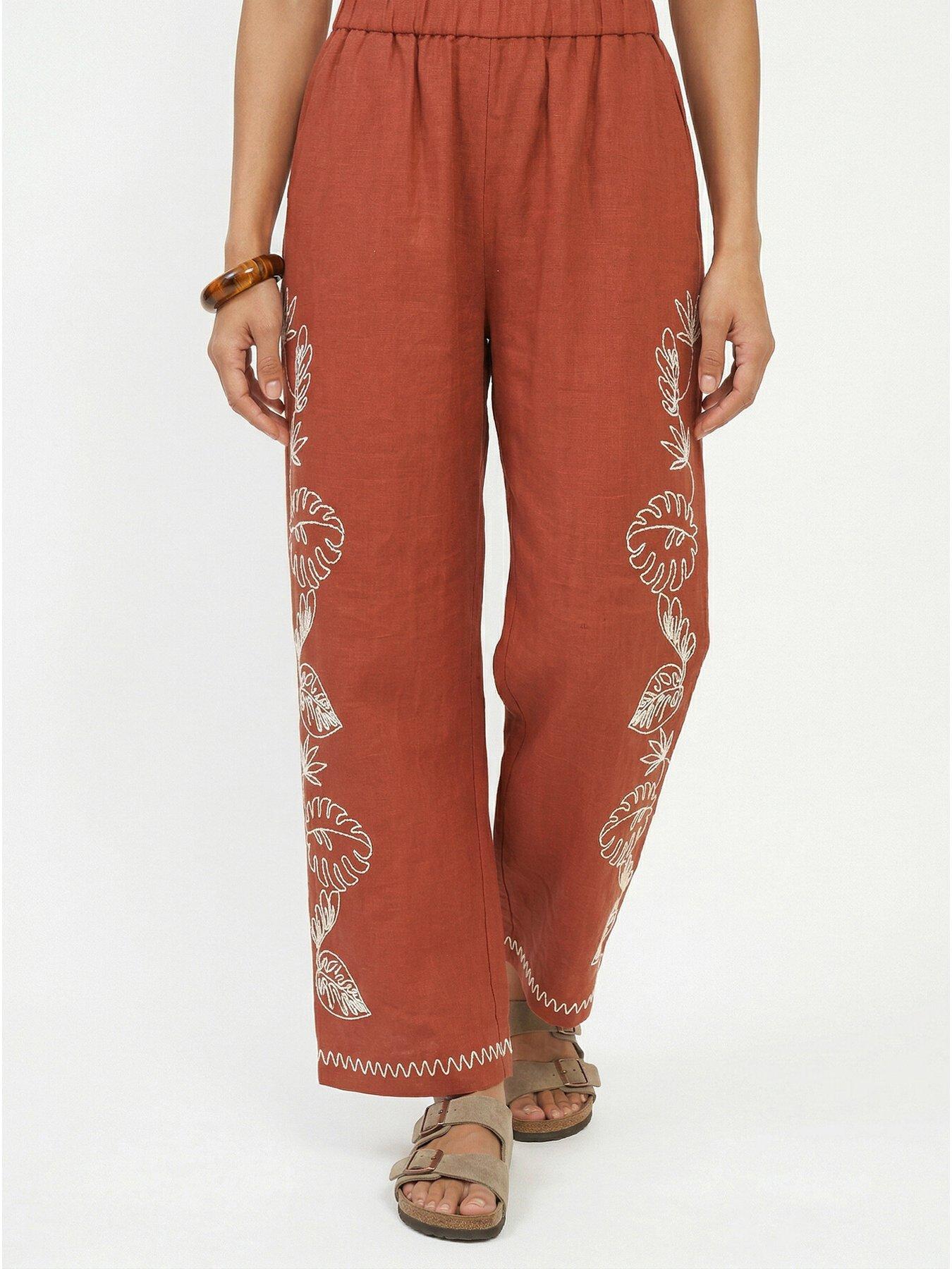 Raffya Tilly High Waist Embroidered Trouser In Rust