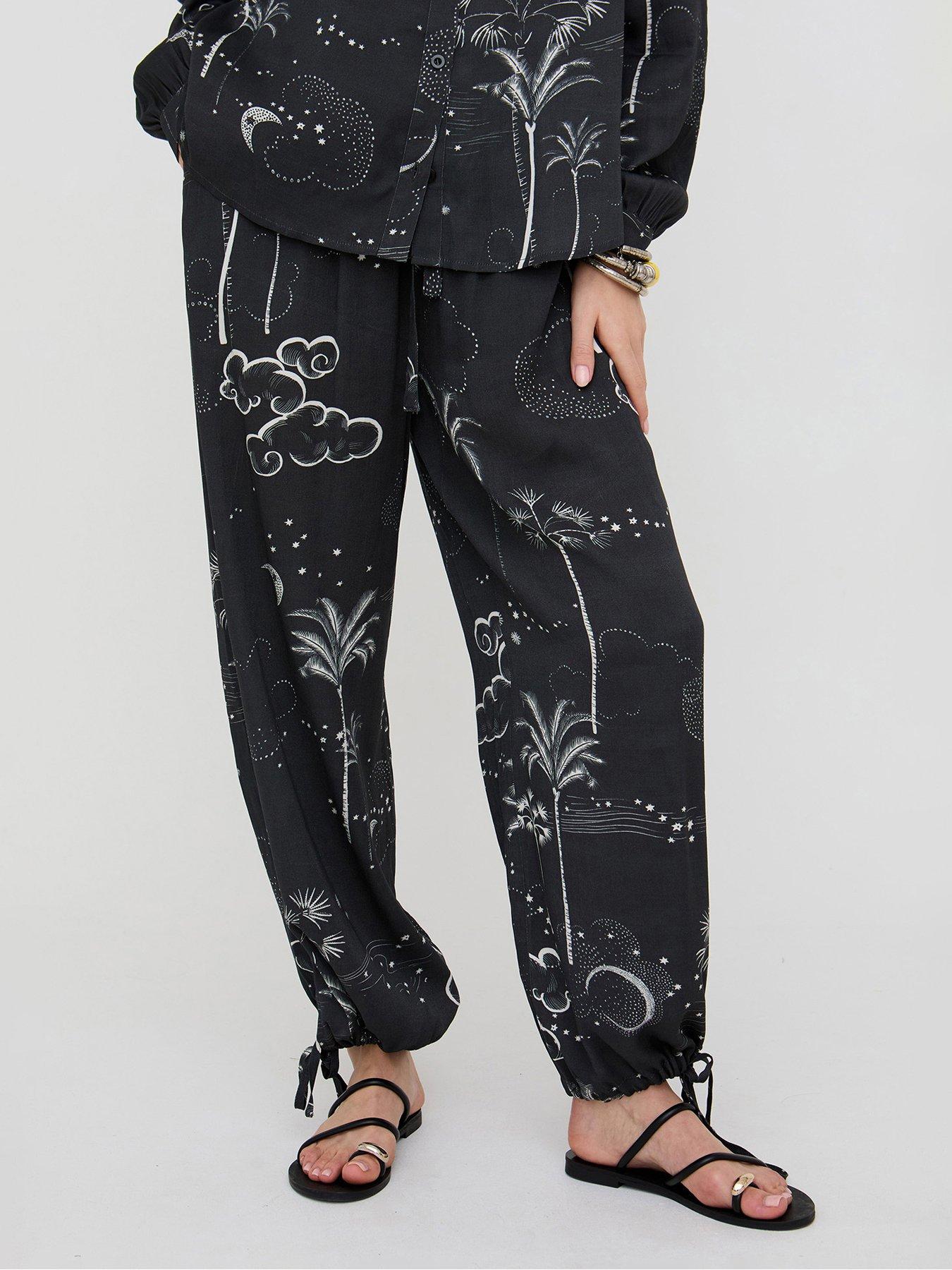 Raffya High Waist Palm Print Trousers - Black