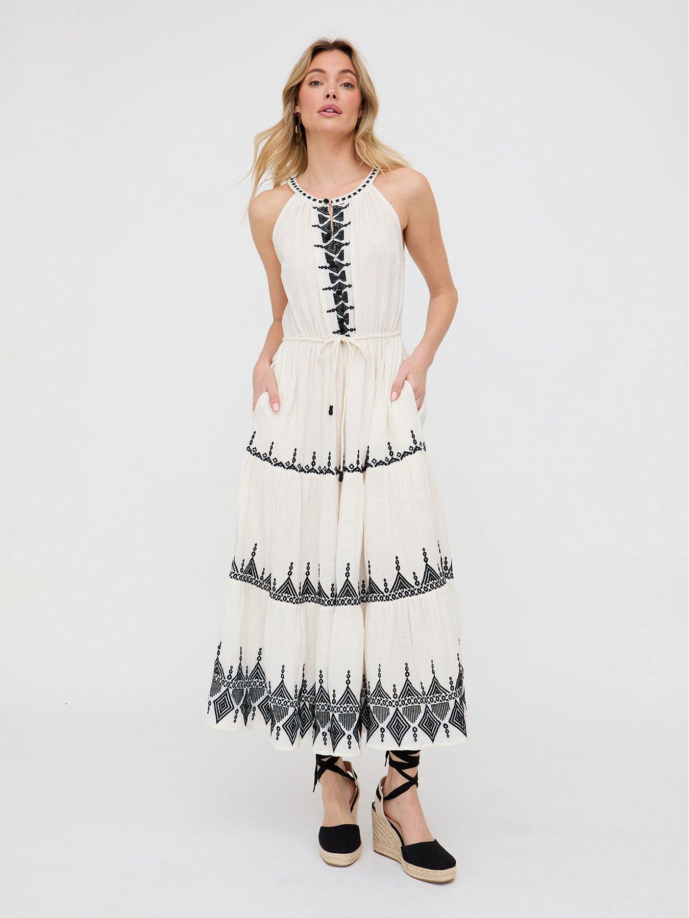 Raffya Mia Halter Neck Embroidered Maxi Dress In White