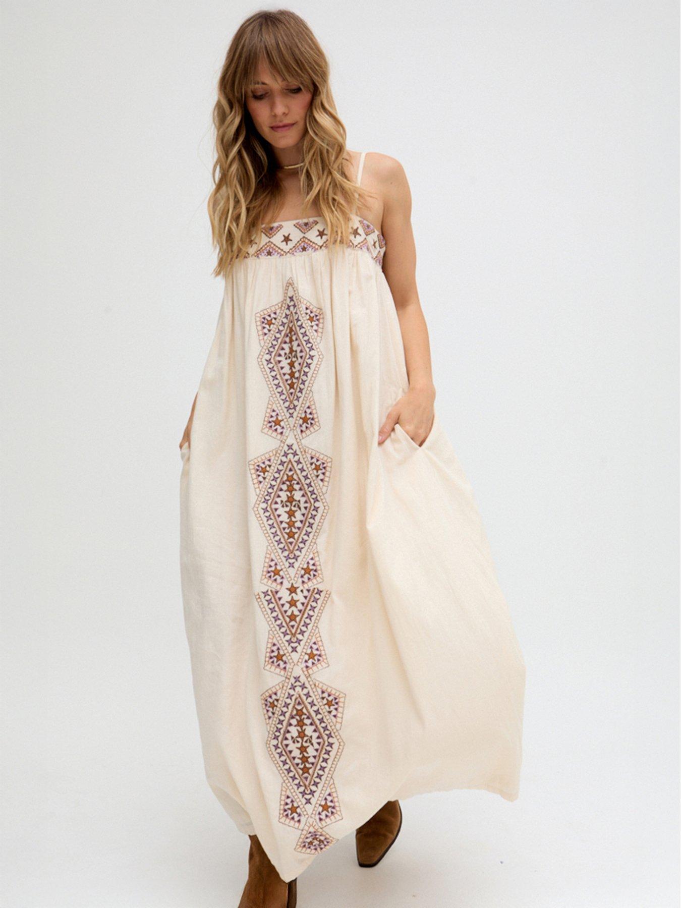 Raffya Sapphire Spaghetti Strap Embroidered Maxi Dress In Cream
