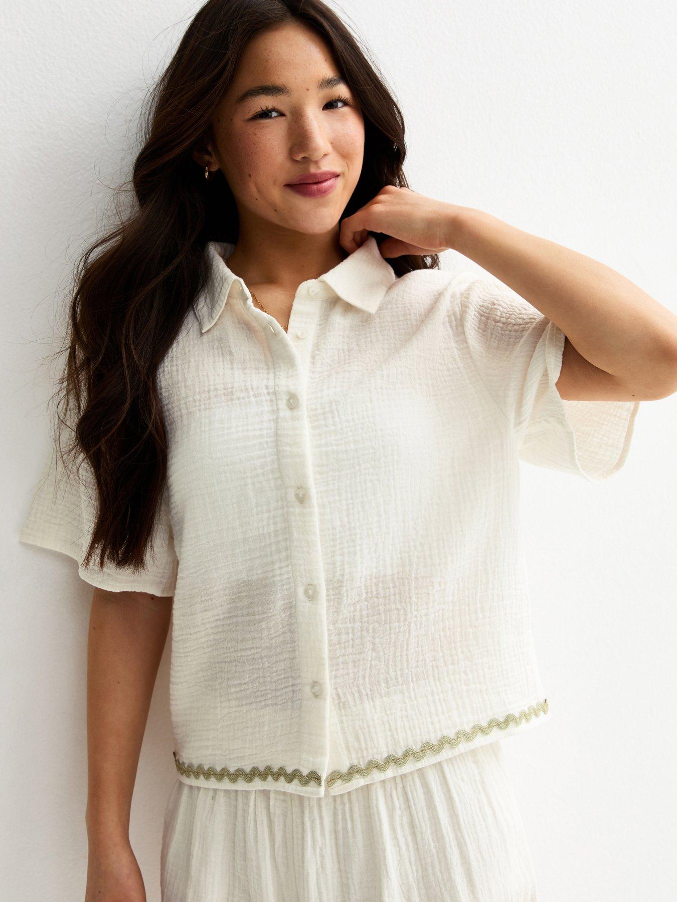 New Look 915 Girls Cotton Textured Ric Rac Trim Shirt - White