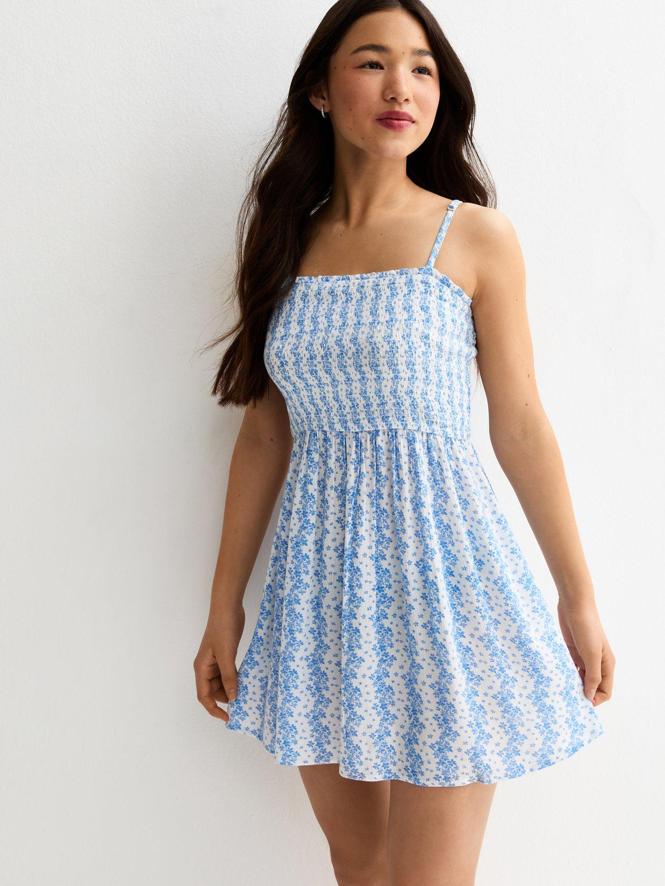 New Look 915 Girls Embroidered Babydoll Mini Dress - Light Blue