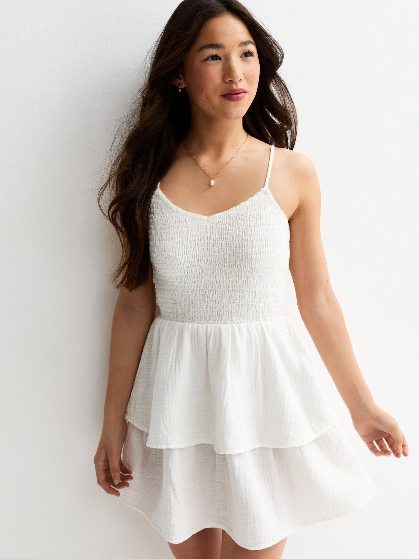 Image 1 of 5 of New Look 915 Girls Shirred Tiered Dress - White