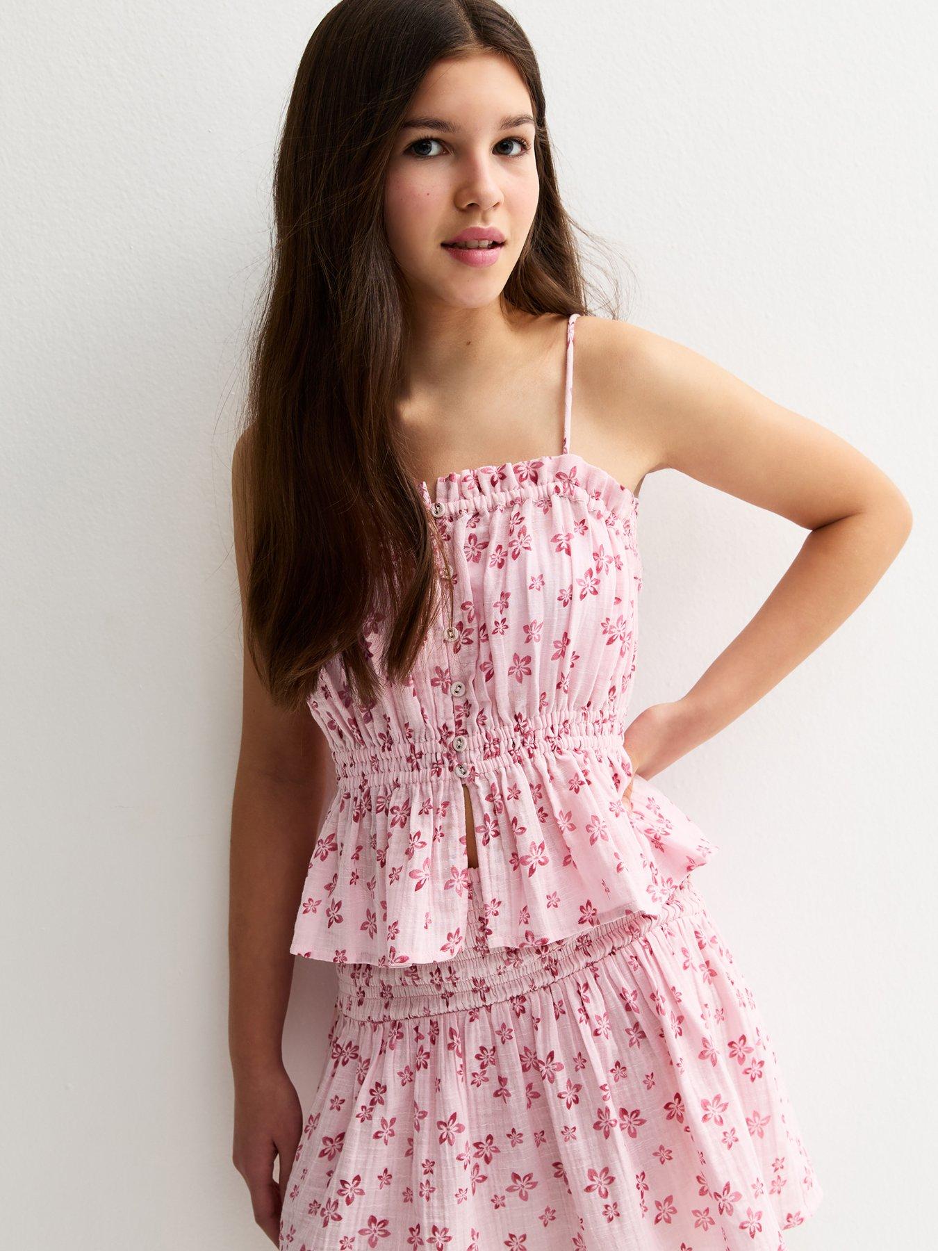 New Look 915 Girls Cotton Floral Ruched Cami Top - Pink
