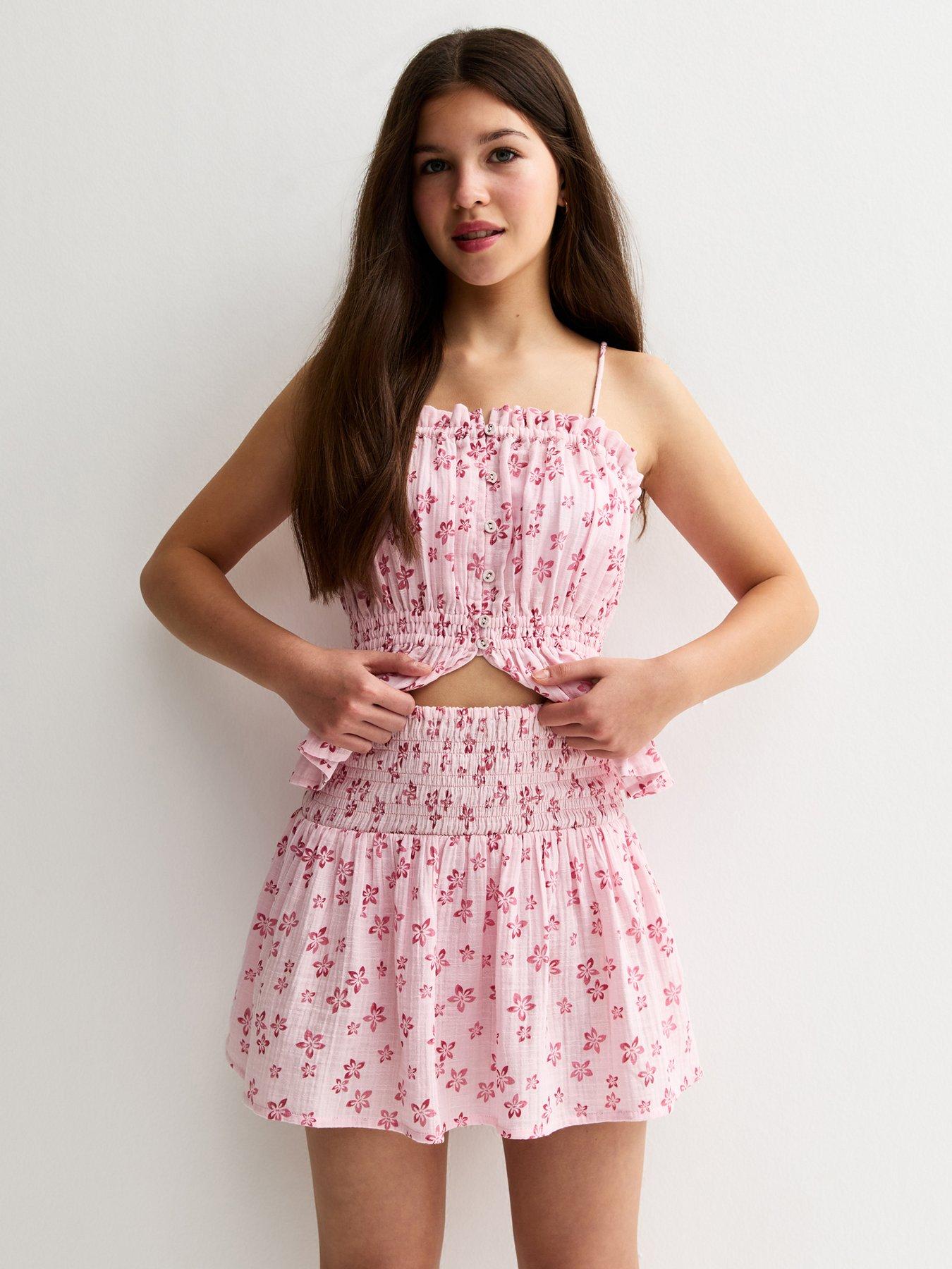 New Look 915 Girls Pink Cotton Floral Ruched Mini Skirt