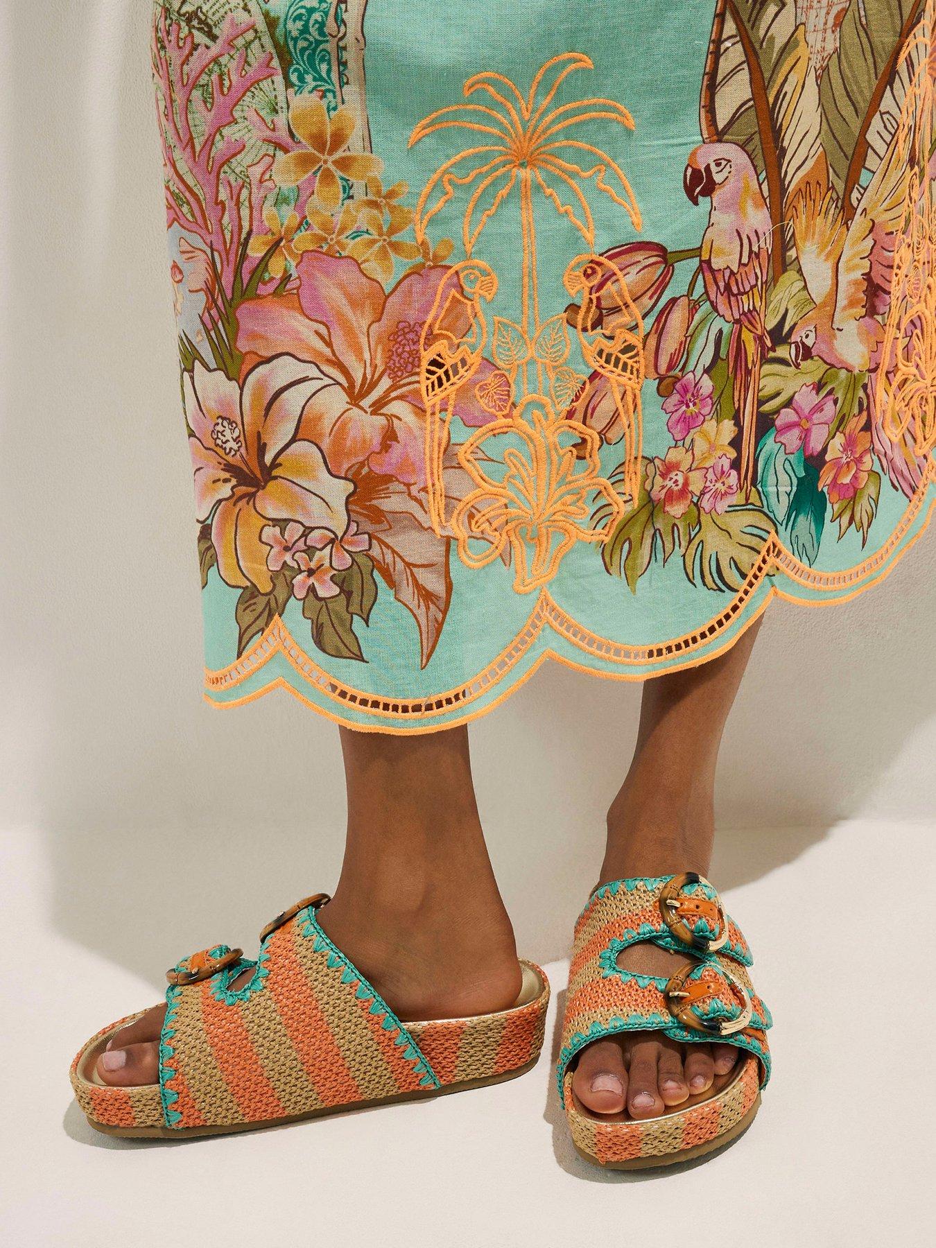 Image 1 of 6 of River Island Aqua Stripe Footbed Sandal - Orange