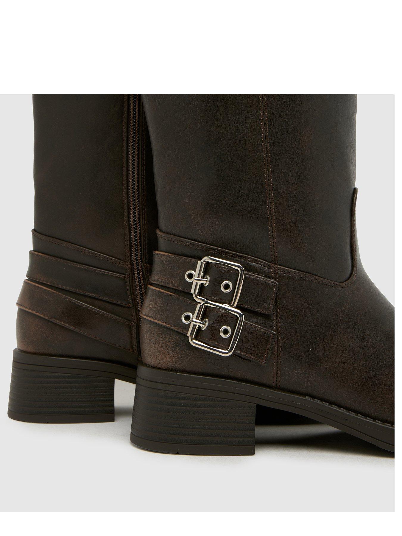 stillFront image of schuh-disk-buckle-biker-boot-brown-pu