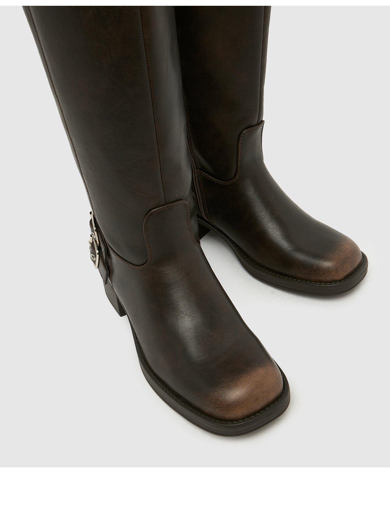  image of schuh-disk-buckle-biker-boot-brown-pu