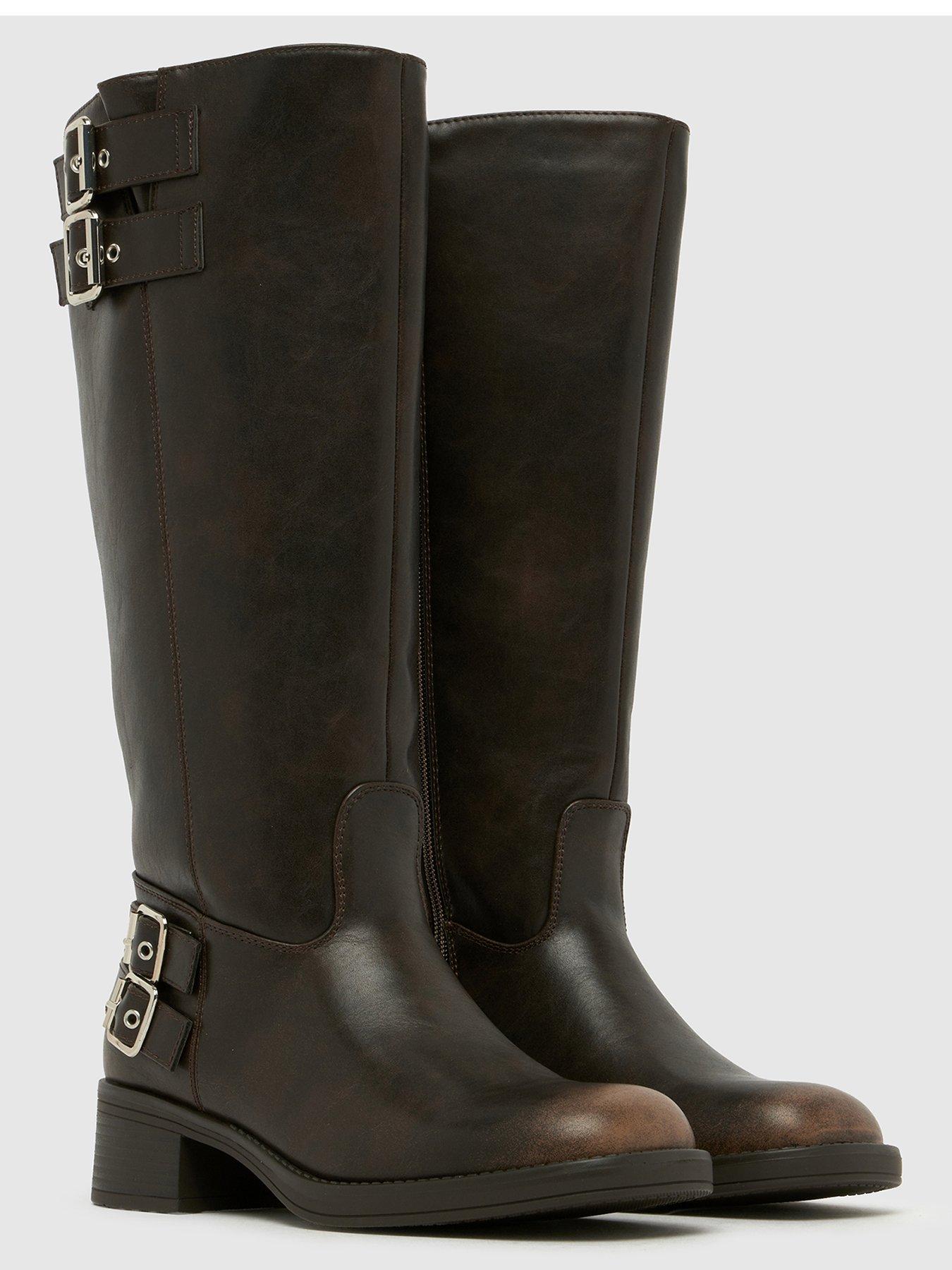  image of schuh-disk-buckle-biker-boot-brown-pu