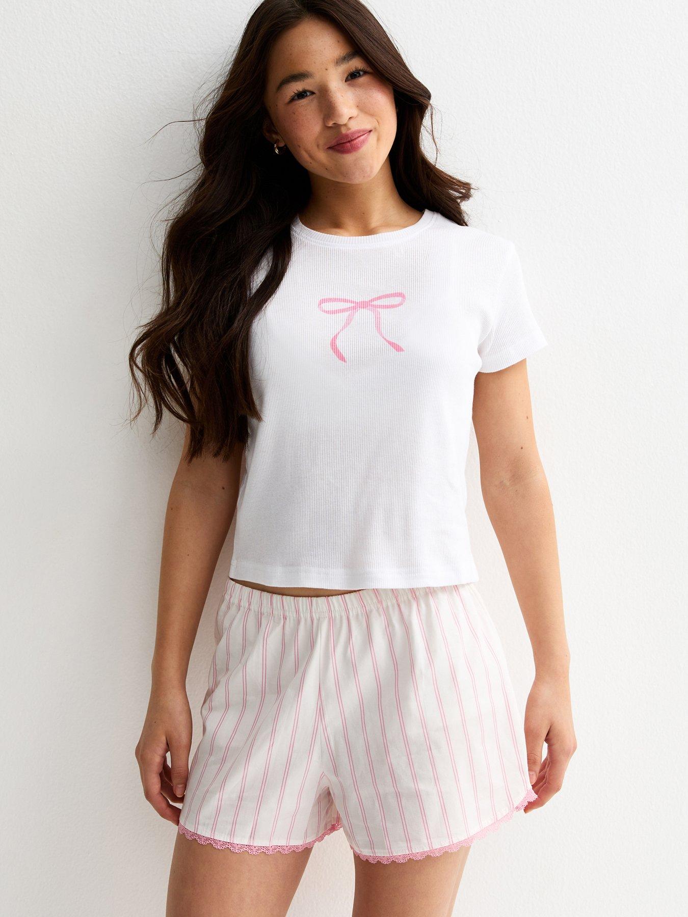 New Look 915 Girls Cotton Bow T-Shirt And Striped Shorts Pyjama Set - White