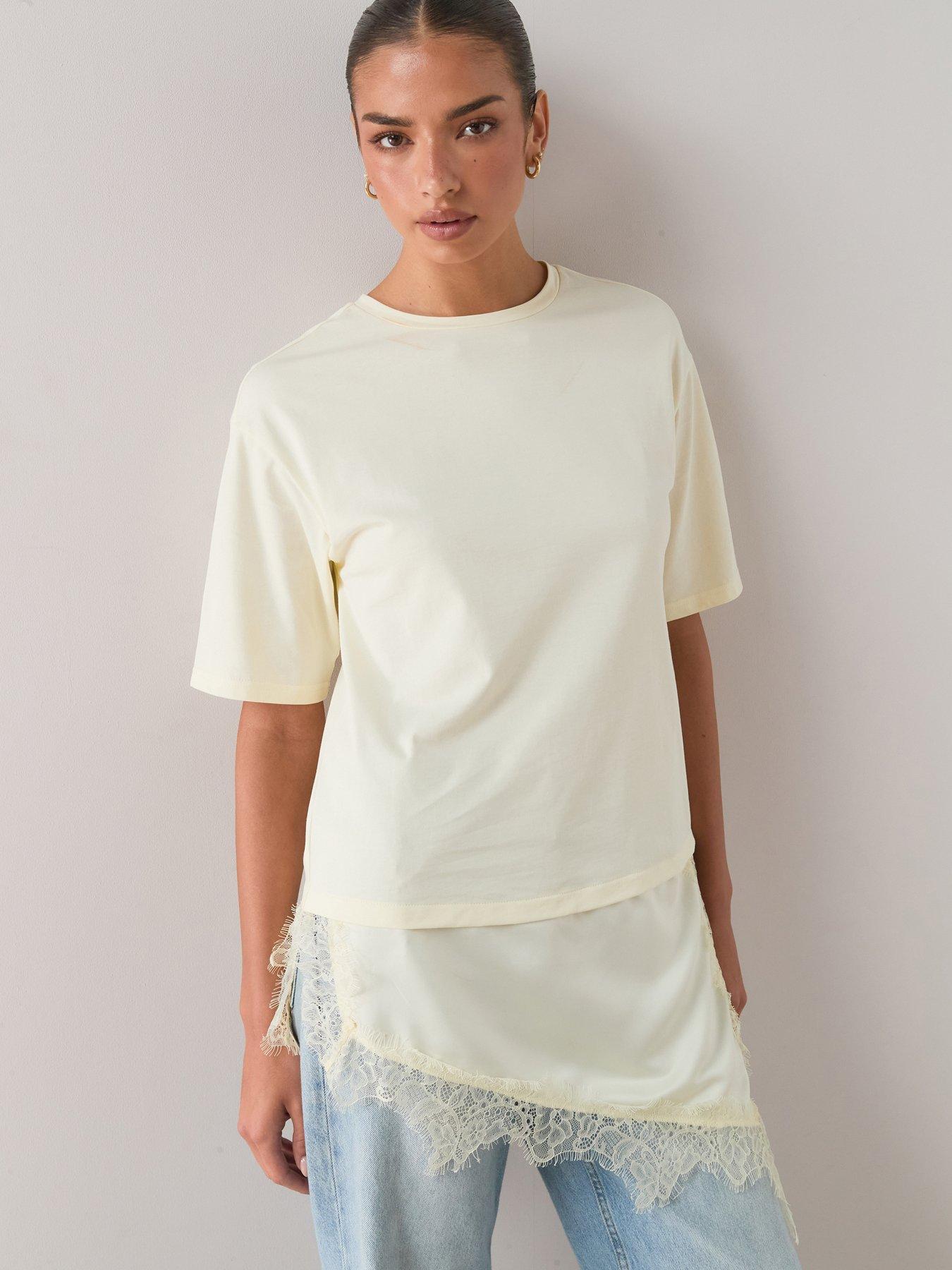 The Very Collection Satin And Lace Trim Asymmetric Hem Tshirt- Lemon
