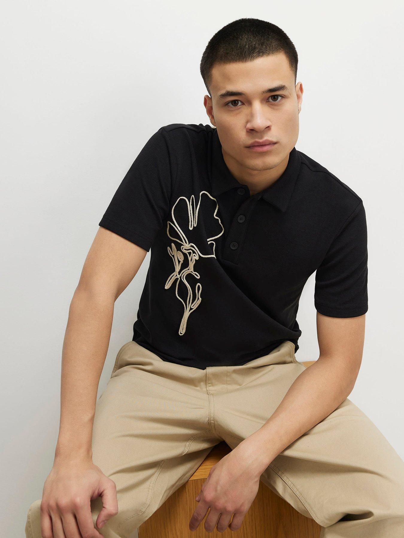 River Island Slim Flower Roping Polo Shirt - Black