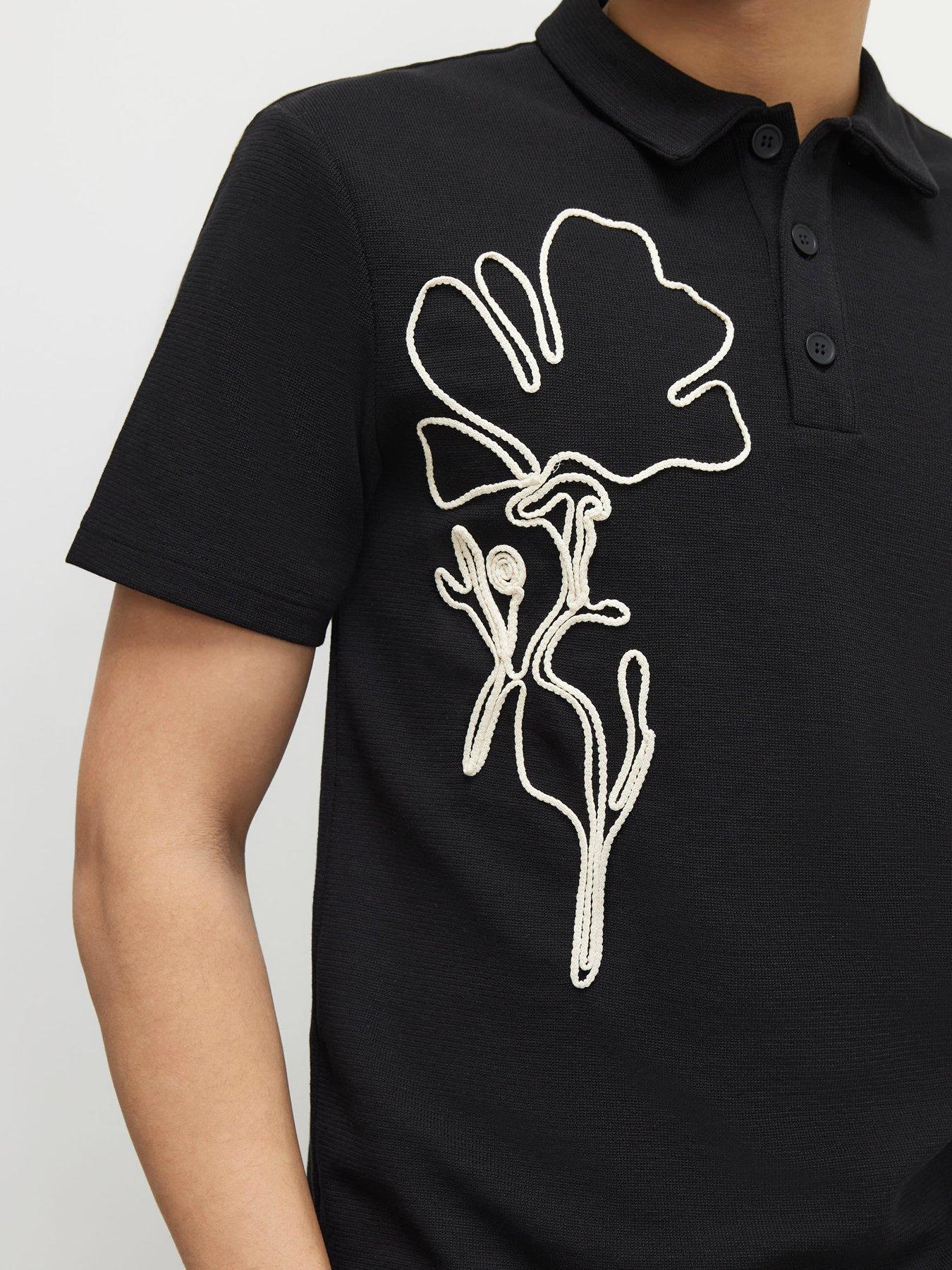 Image 4 of 6 of River Island Slim Flower Roping Polo Shirt - Black