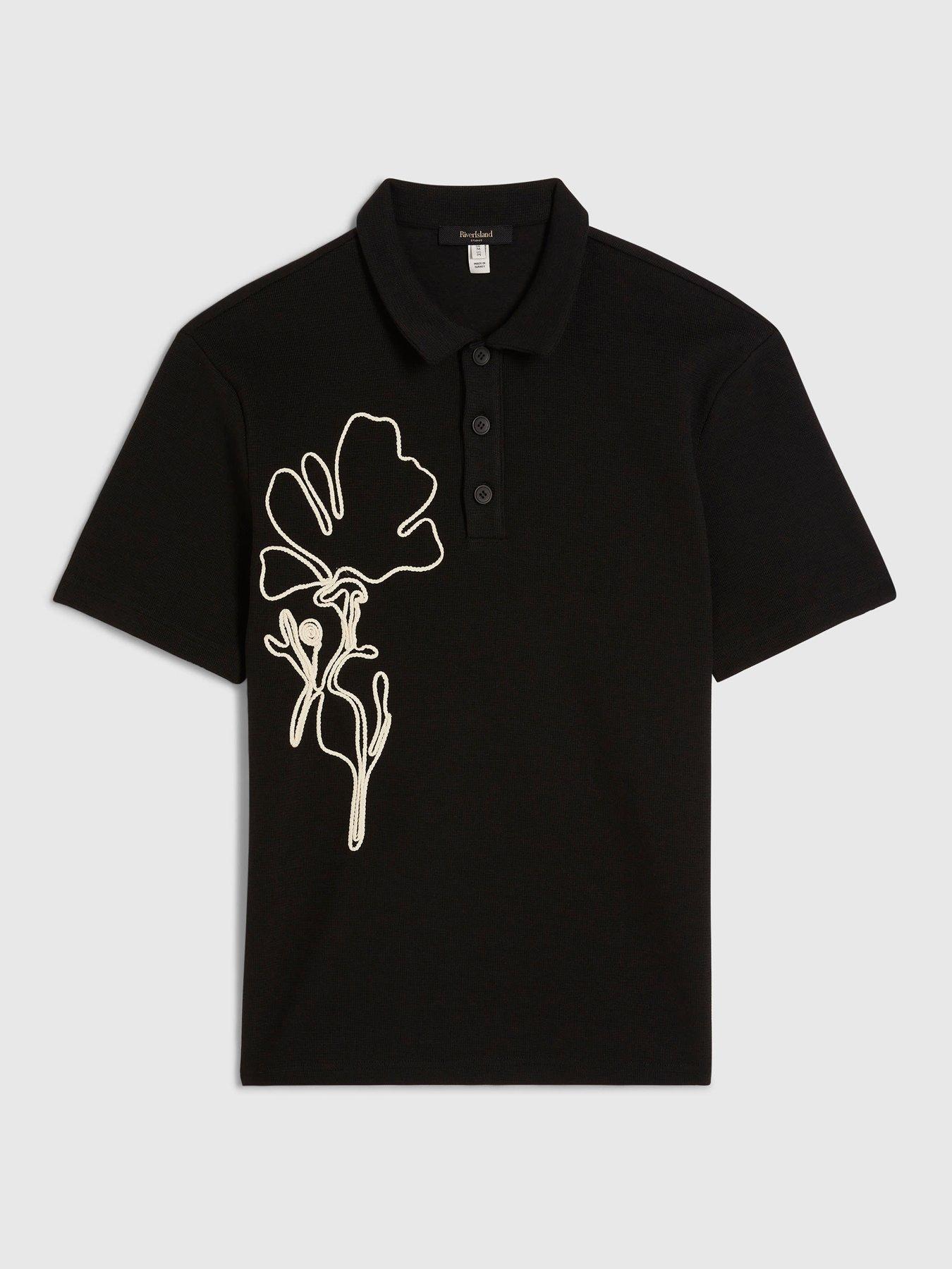 Image 5 of 6 of River Island Slim Flower Roping Polo Shirt - Black