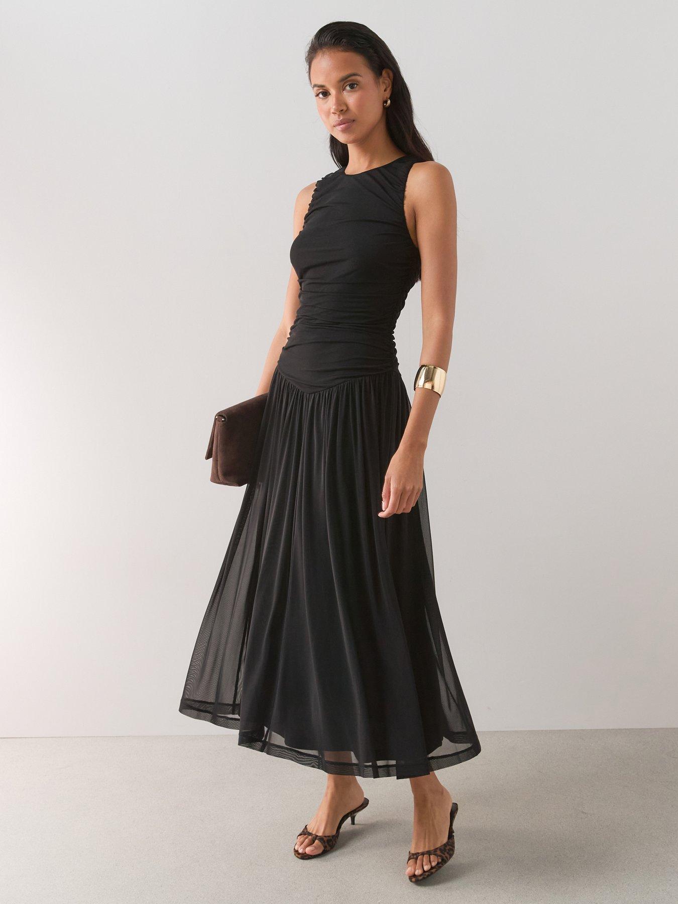 The Very Collection Ruched Mesh Dress- Black