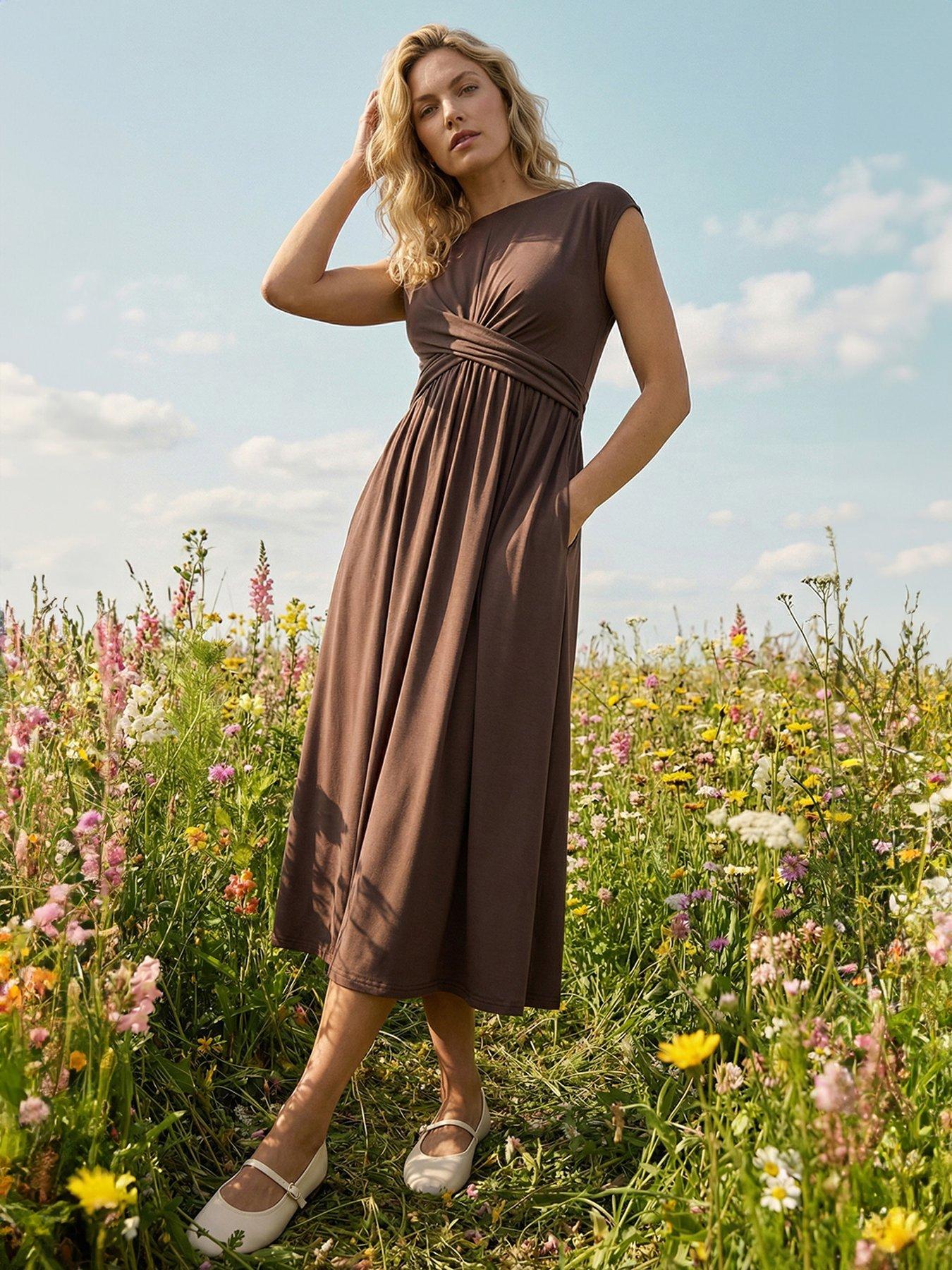 Image 1 of 5 of Roman Crossover Front Stretch Midi Dress