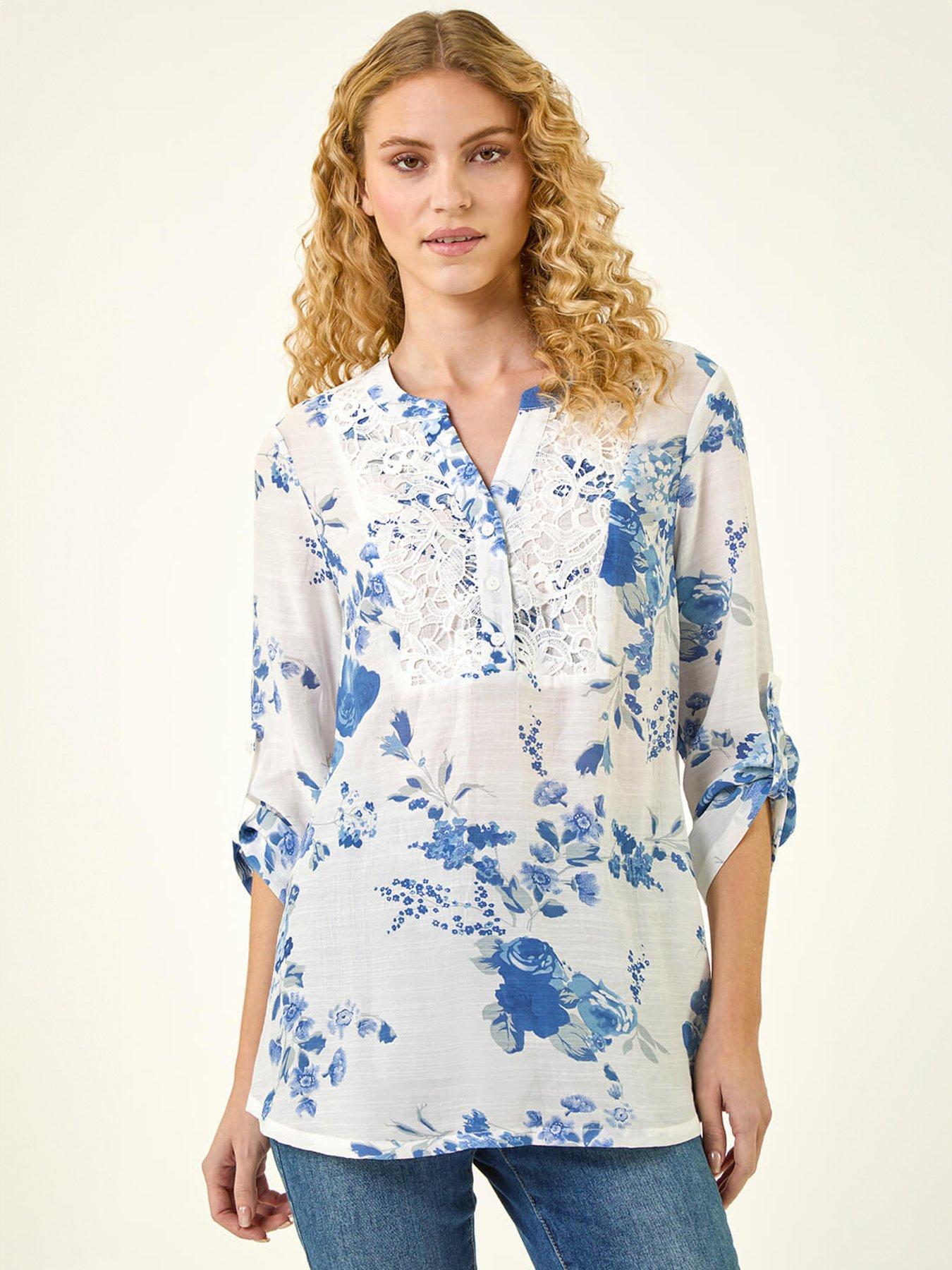 Roman Floral Print Lace Trim Shirt