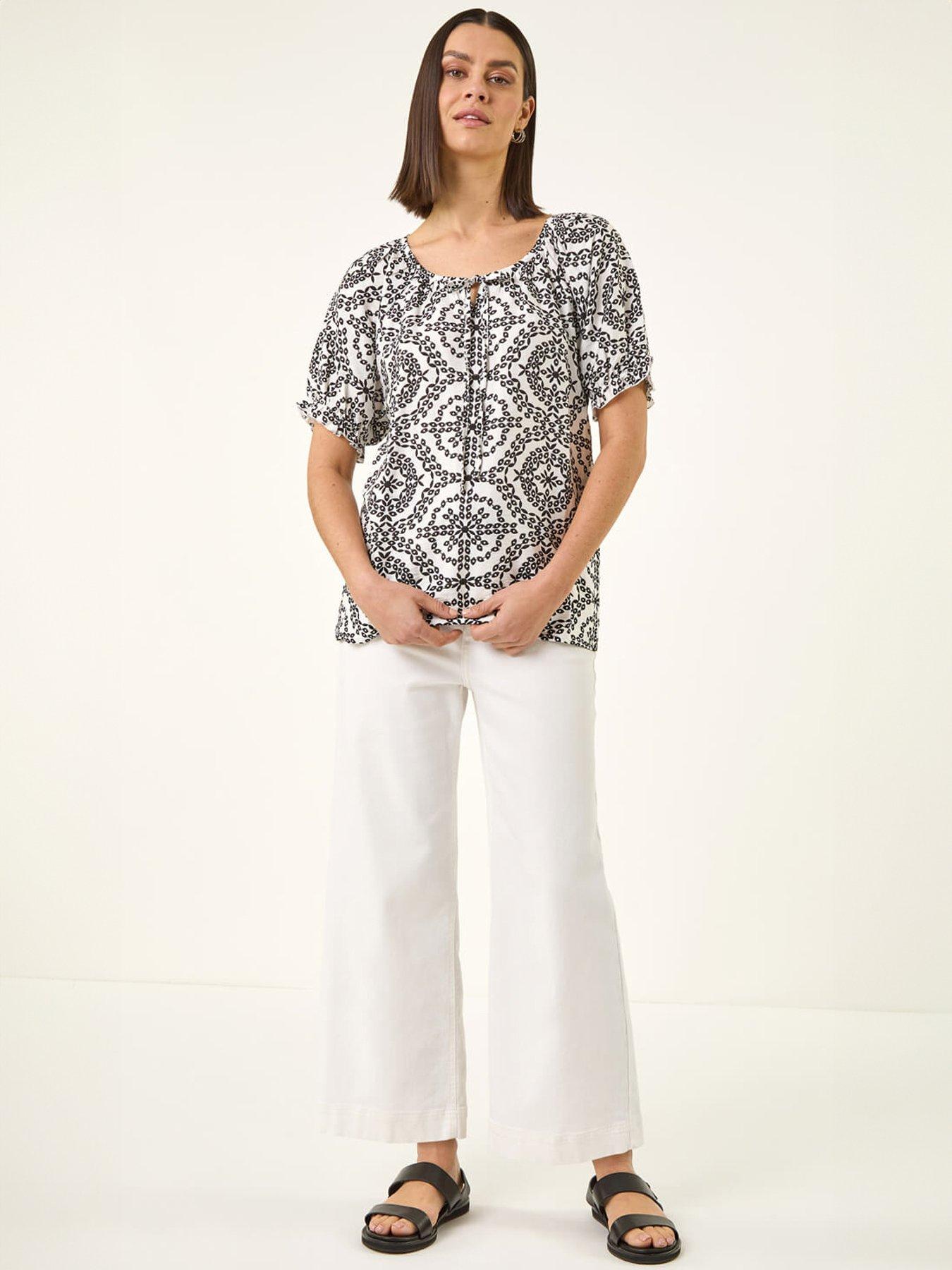 Image 3 of 5 of Roman Mono Printed Tie Neck Top