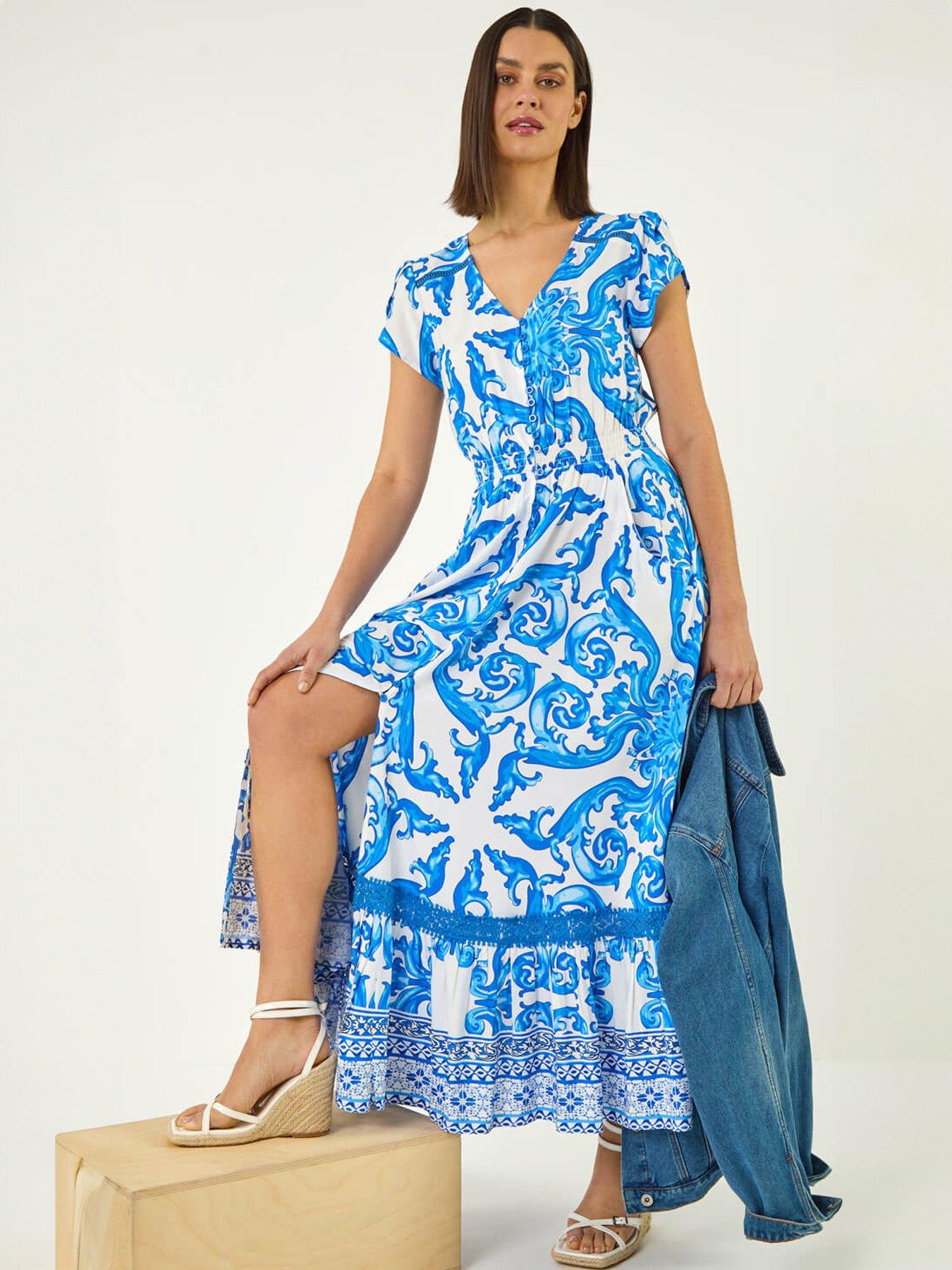 Roman Border Print Button Midi Dress