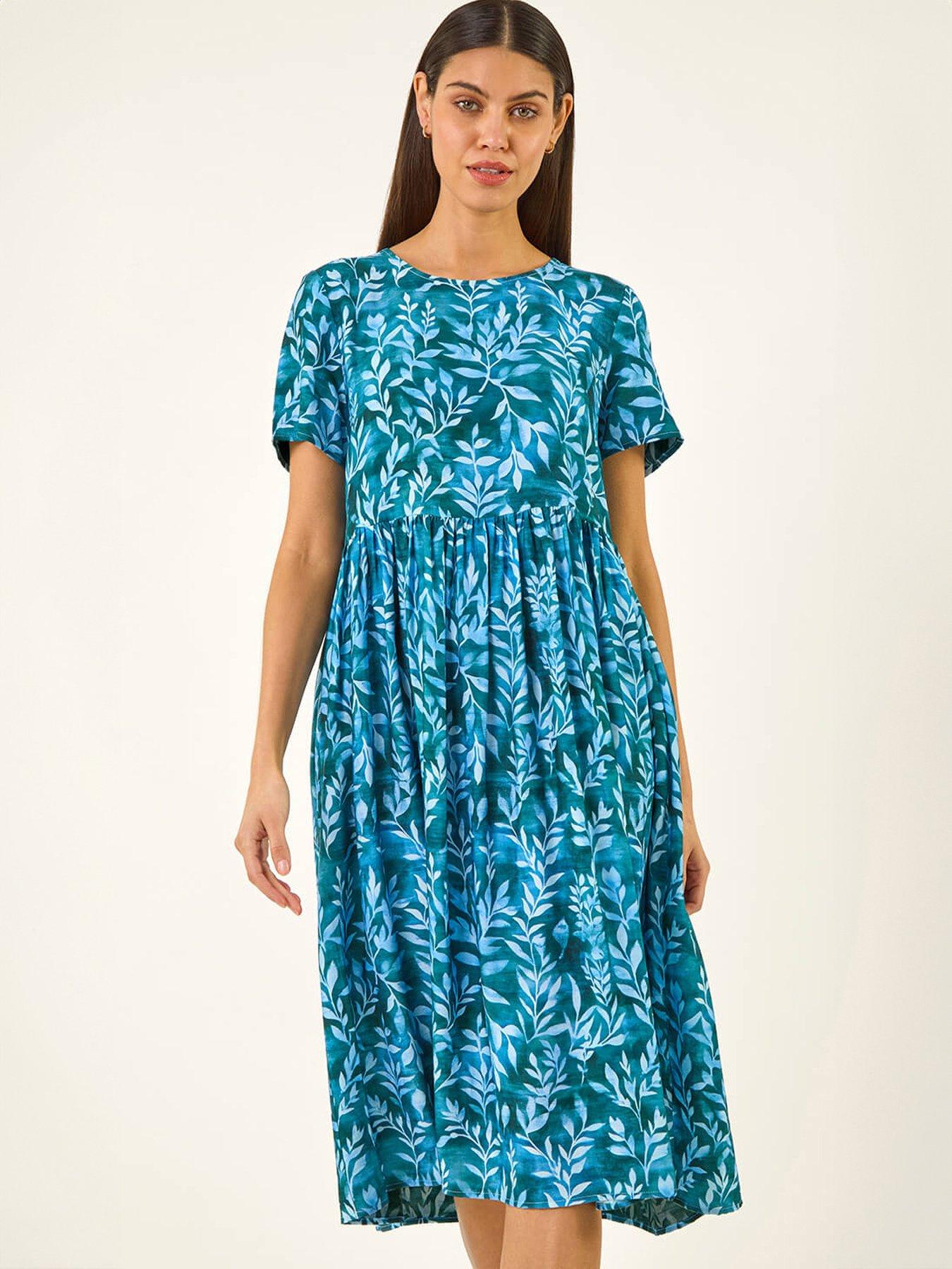  image of roman-leaf-print-smock-midi-dress