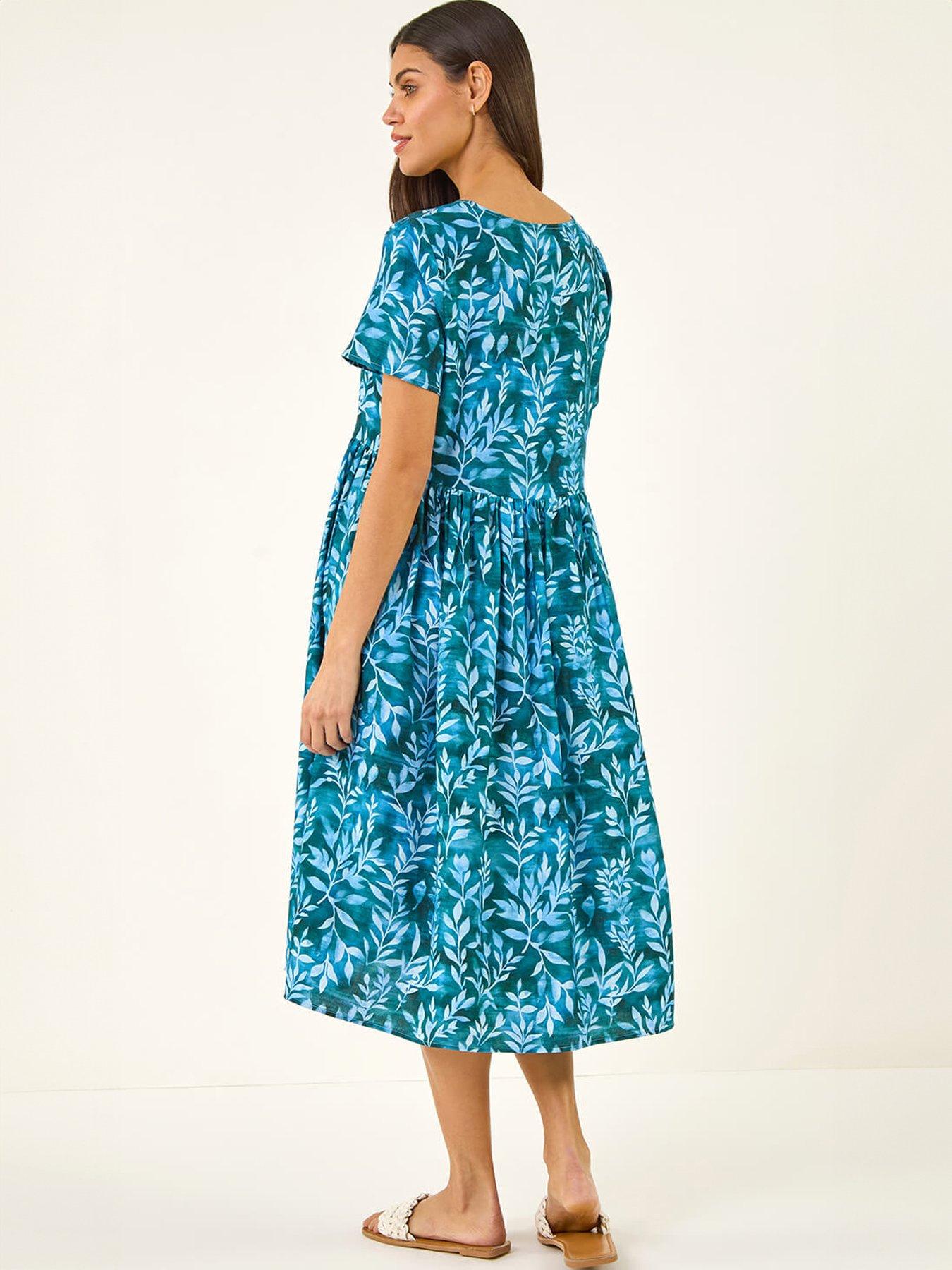  image of roman-leaf-print-smock-midi-dress