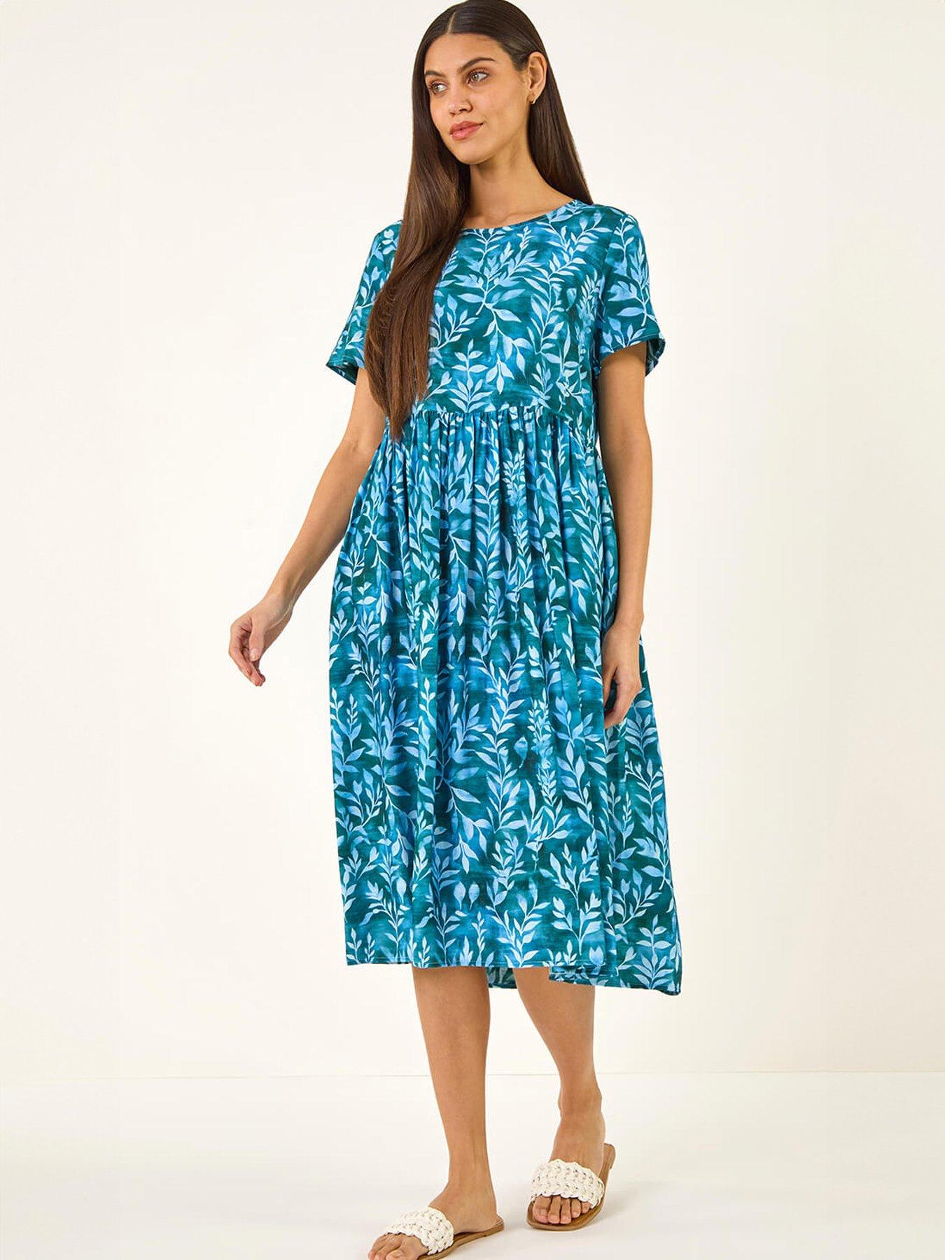  image of roman-leaf-print-smock-midi-dress