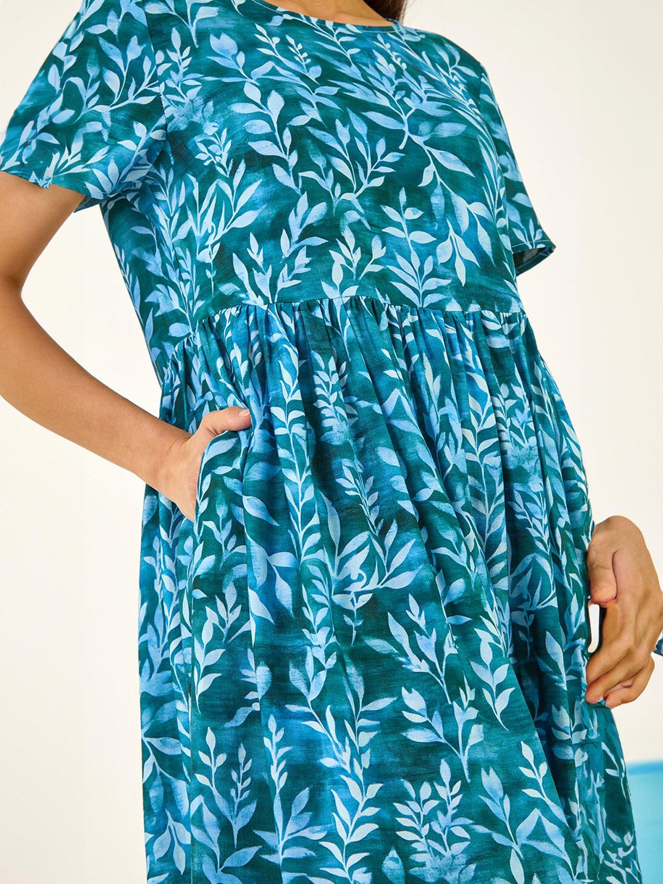  image of roman-leaf-print-smock-midi-dress