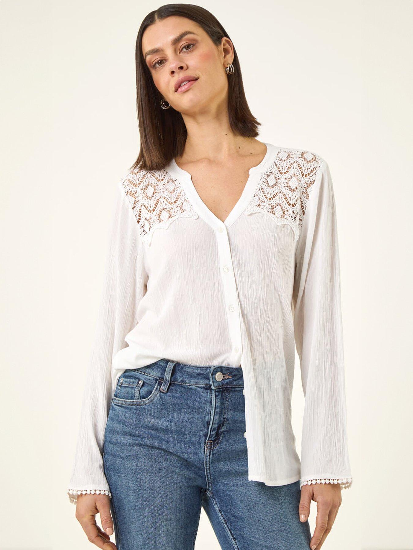 front image of roman-lace-shoulder-v-neck-blouse