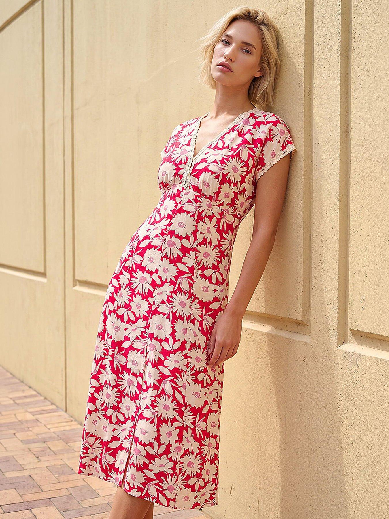 Roman Daisy Print Lace Trim Midi Dress