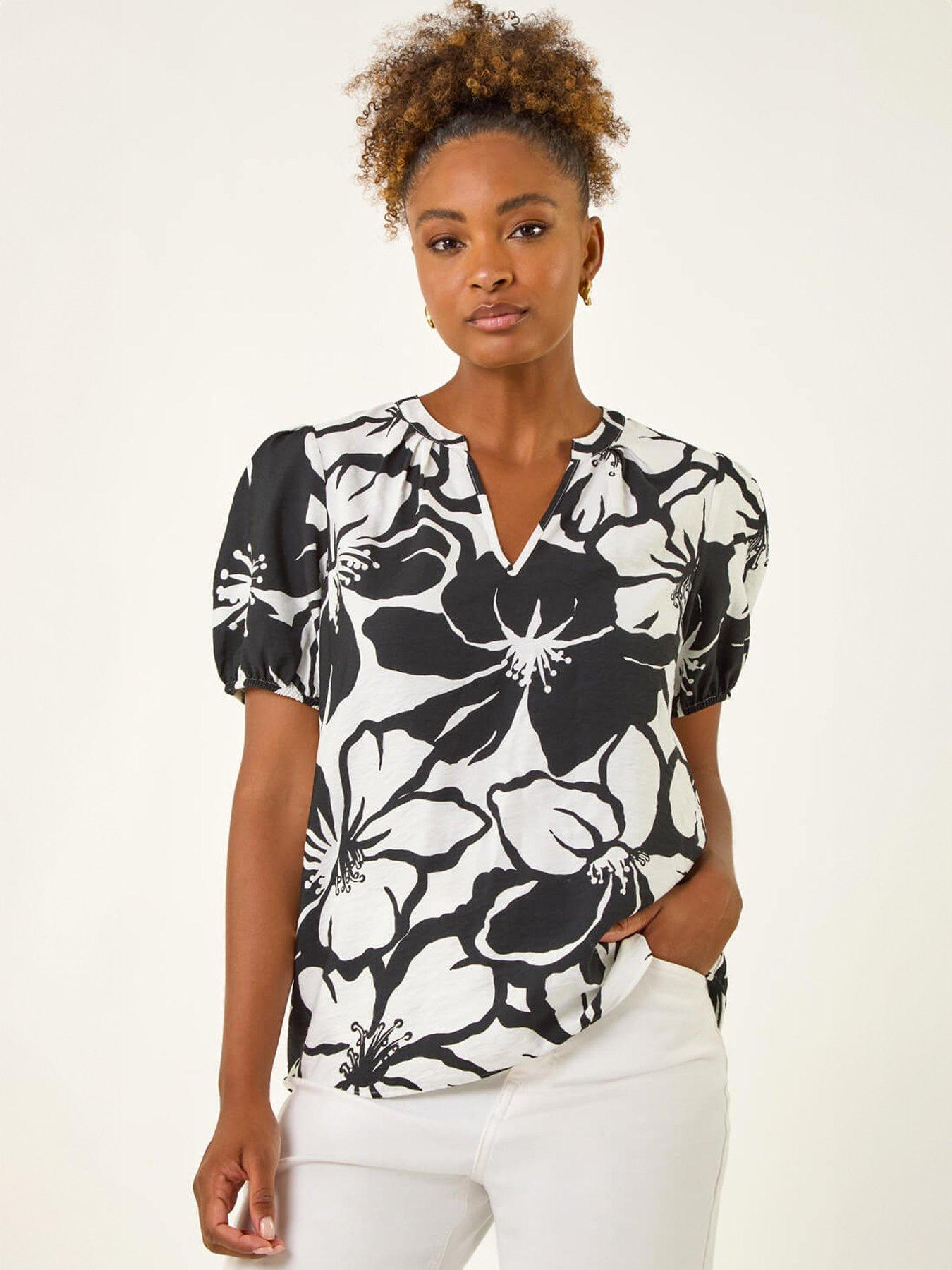 Roman Floral Mono Print V-neck Top