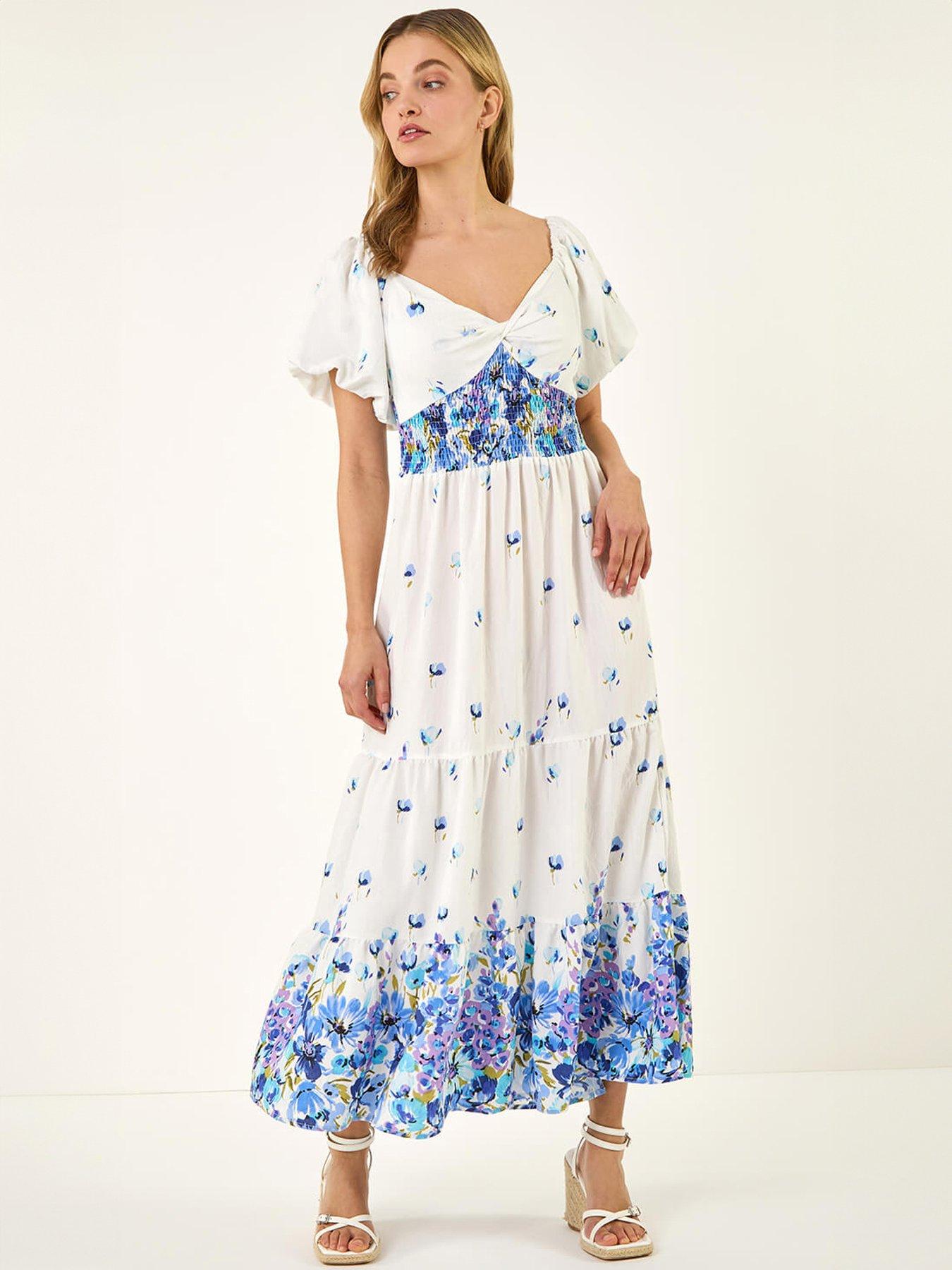 Roman Emb Puff Midi Dress