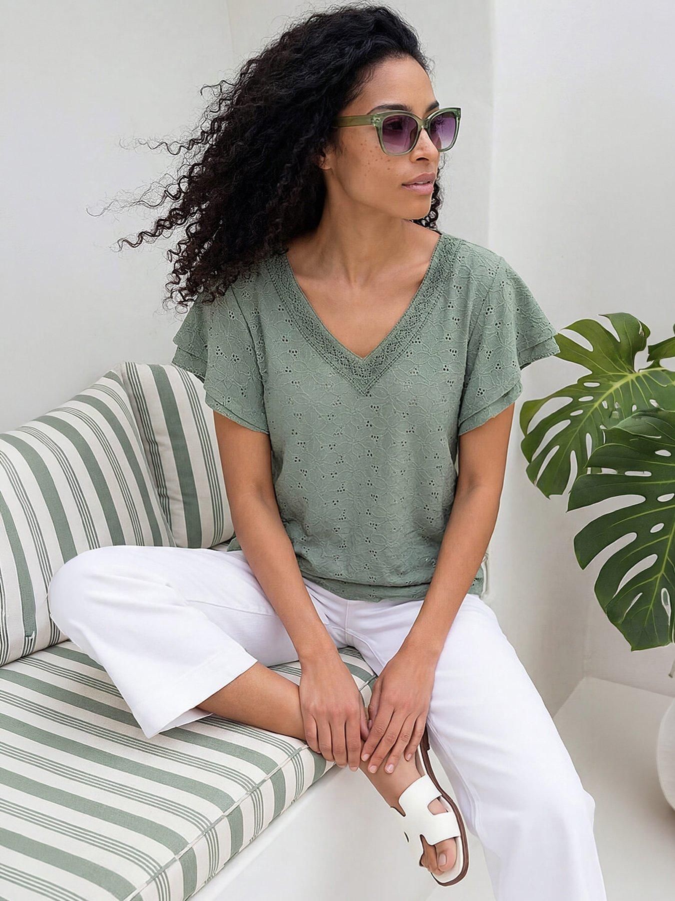 Roman Broderie Detail V-neck Stretch Top