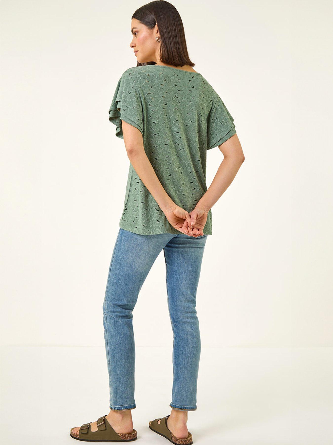 Image 2 of 5 of Roman Broderie Detail V-neck Stretch Top